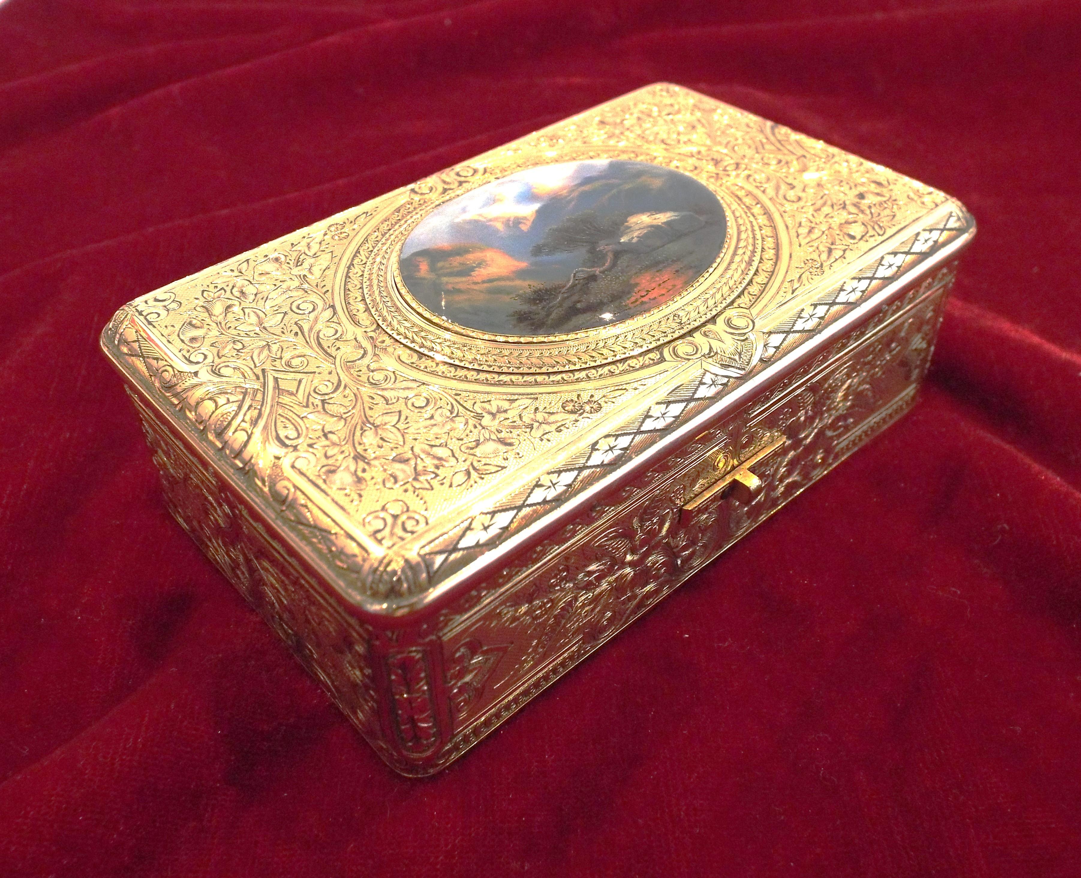 Golden Singing bird box by Charles Bruguier with enameled  lid For Sale 8