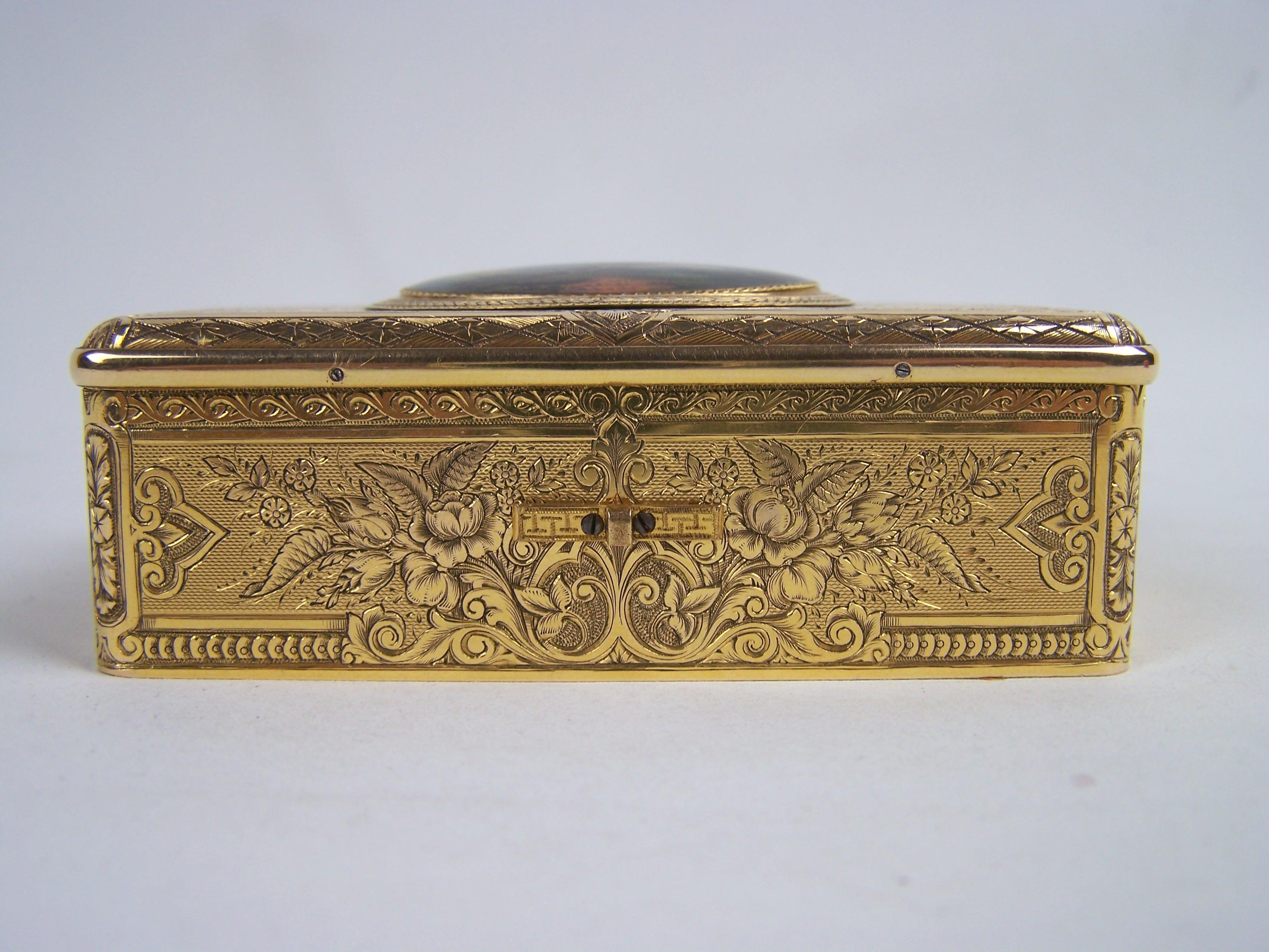 Swiss Golden Singing bird box by Charles Bruguier with enameled  lid For Sale