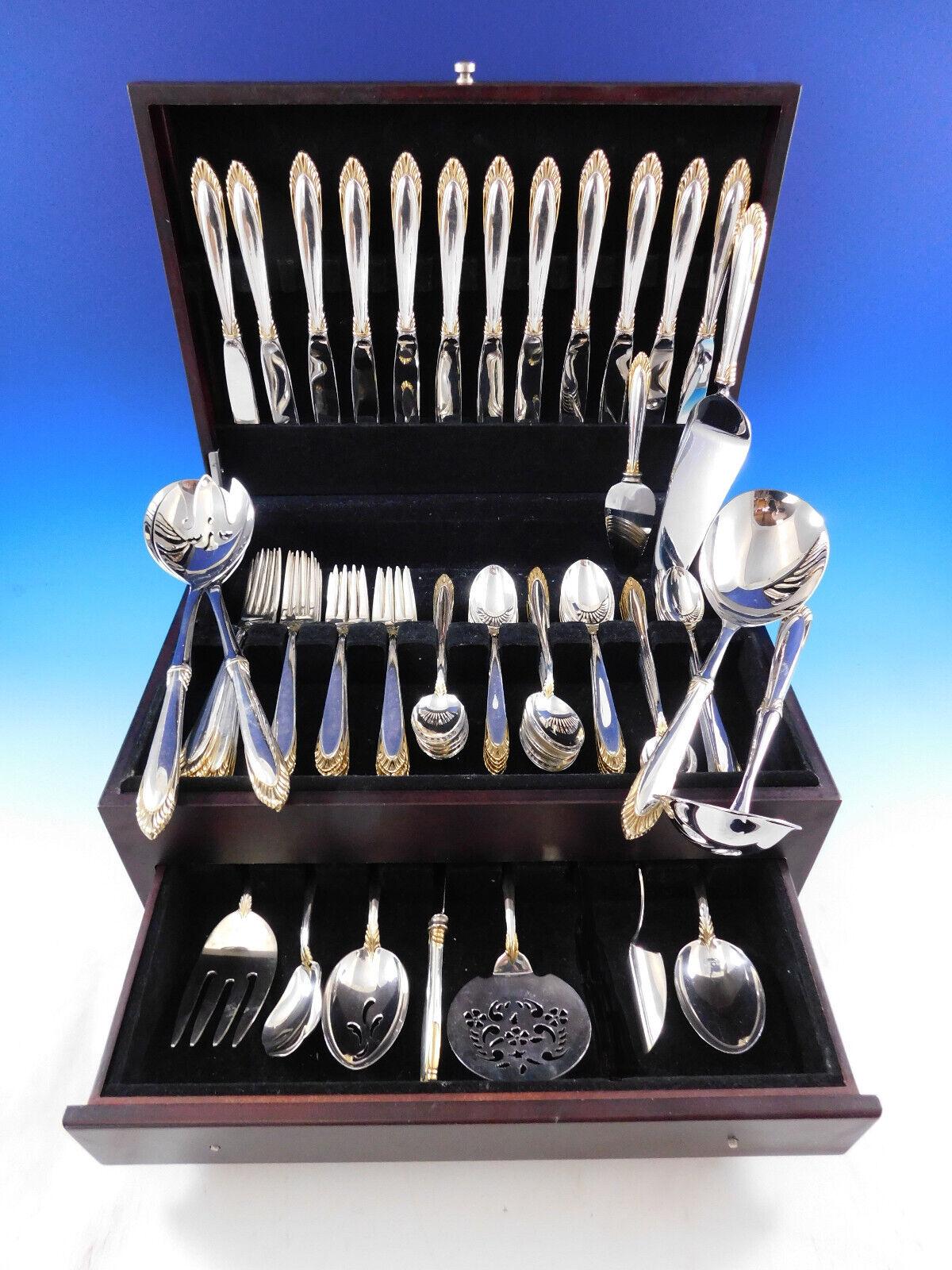 Scarce Golden Soliel by Lunt c1995 sterling silver with gold accent Flatware set, 86 pieces. This set includes:

12 Knives, 9 1/8
