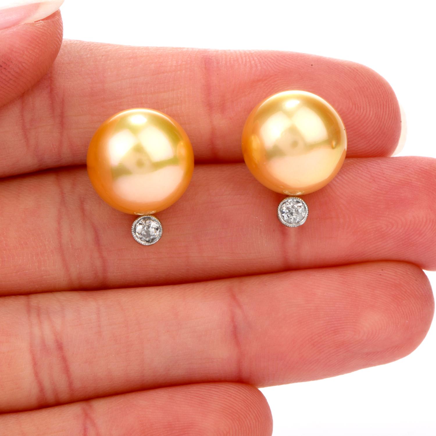 Golden South Sea Pearl Diamond 18 Karat Gold Stud Earrings 1