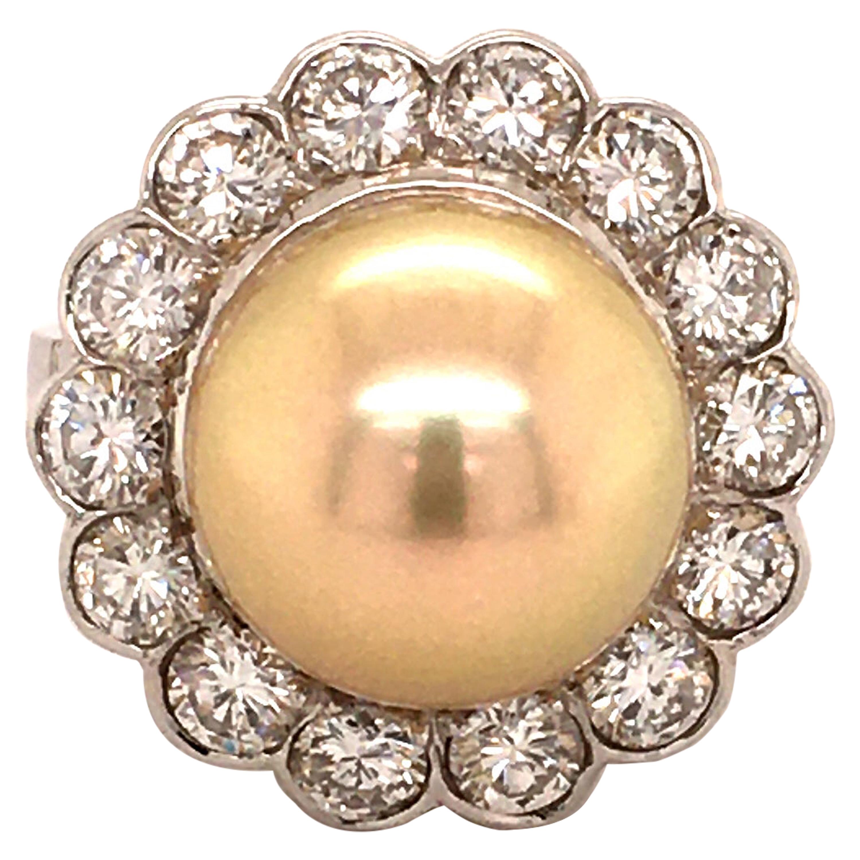 Golden South Sea Cultured Pearl and Diamond 14 Karat White Gold Ring