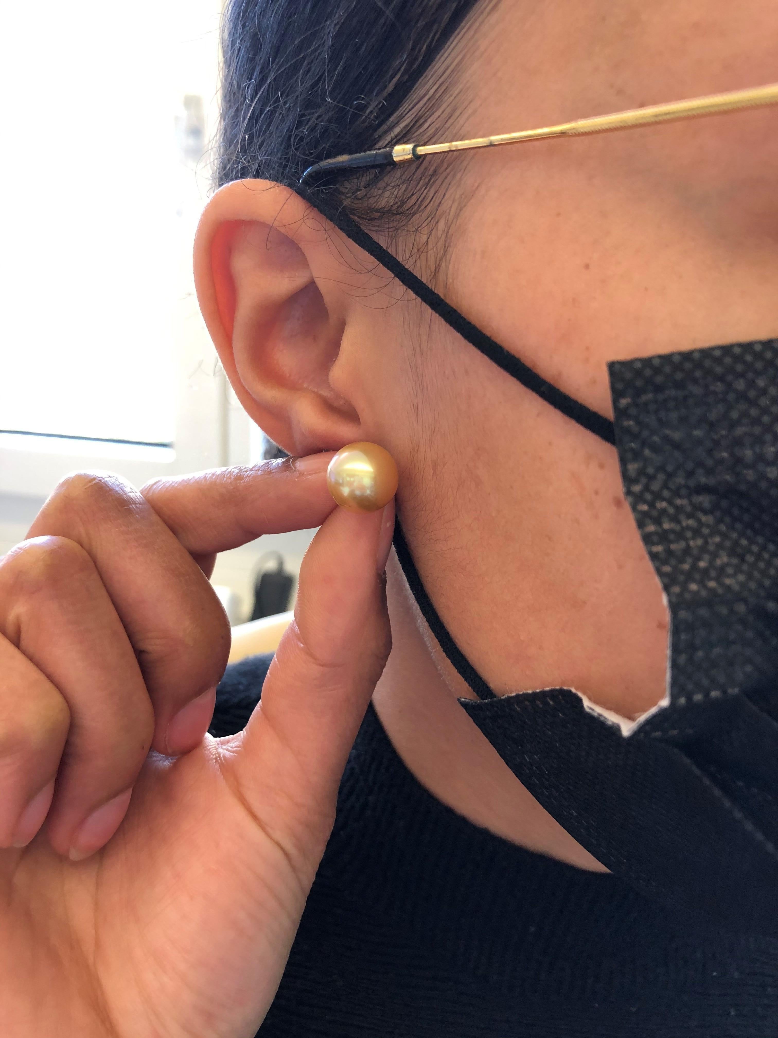 Clous d'oreilles en or jaune 18 carats avec perles de culture des mers du Sud dorées en vente 4