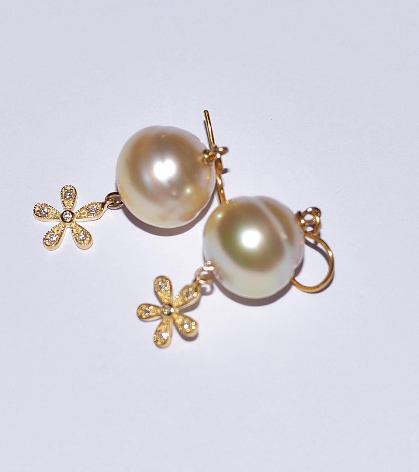 Golden South Sea Cultured Pearl with 14K Solid Yellow Gold Diamond Flower 2