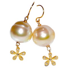 Golden South Sea Cultured Pearl with 14K Solid Yellow Gold Diamond Flower