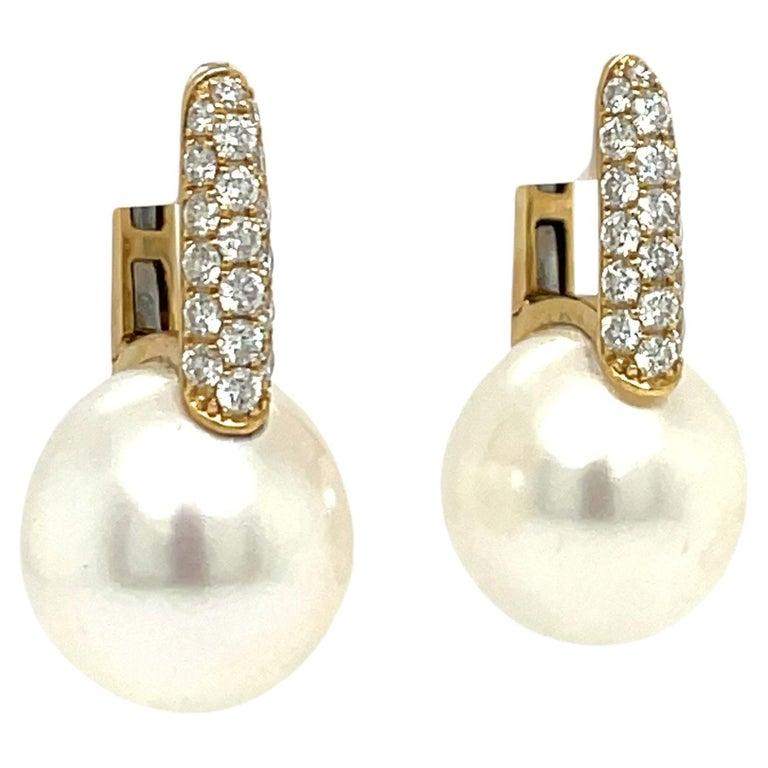 Round Cut Golden South Sea Diamond Drop Earrings 0.61 Carat 18 Karat Yellow Gold 11-12MM For Sale