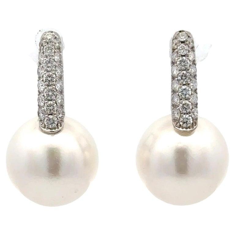 Women's Golden South Sea Diamond Drop Earrings 0.61 Carat 18 Karat Yellow Gold 11-12MM For Sale
