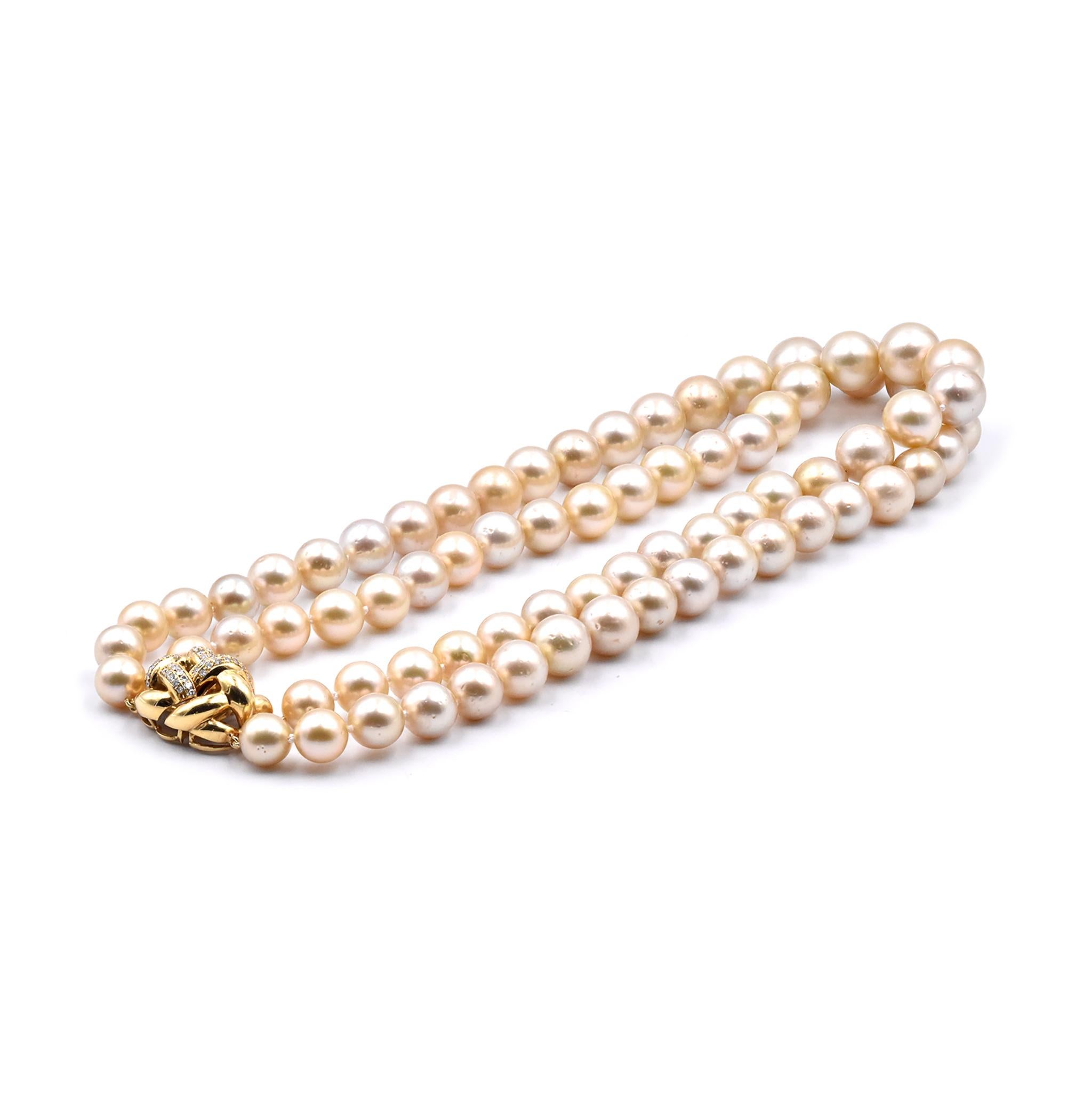 Uncut Golden South Sea Double Strand Pearl Necklace with 18 Karat Yellow Gold Diamond