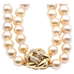 Golden South Sea Double Strand Pearl Necklace with 18 Karat Yellow Gold Diamond