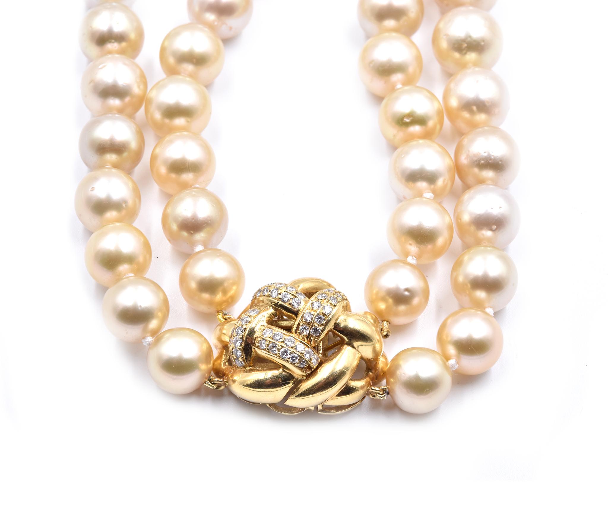 Designer: Custom
Material: 18K yellow gold
Pearl: 10.5-14MM Golden South Sea
Dimensions: necklace measures 20-22 inches in length
Weight: 198.62 grams
