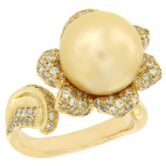 Golden South Sea Pearl and 0.89 Carat Diamonds in 14 Karat Yellow Gold Ring