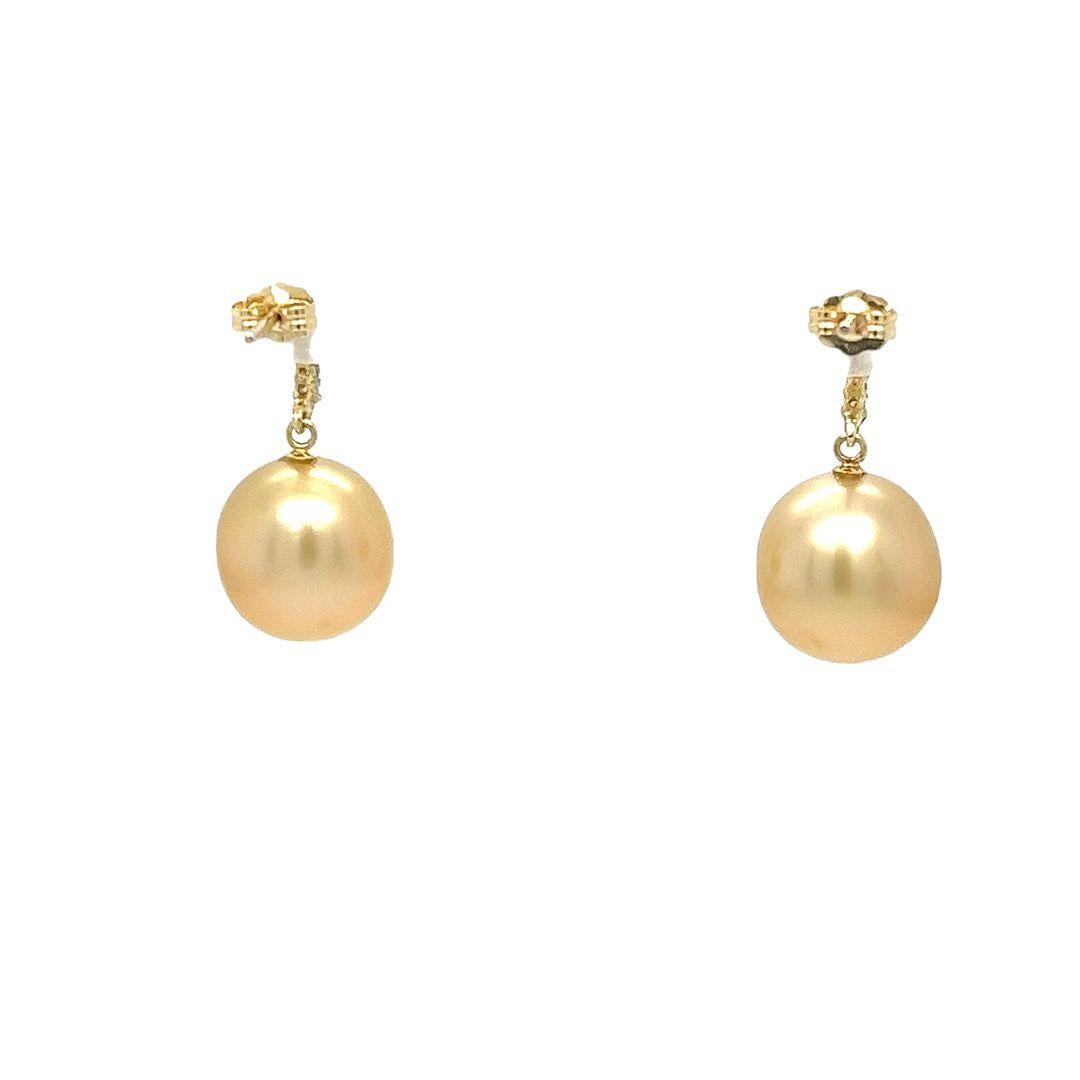 Round Cut Golden South Sea Pearl and Diamond Drop Earrings in Yellow Gold For Sale