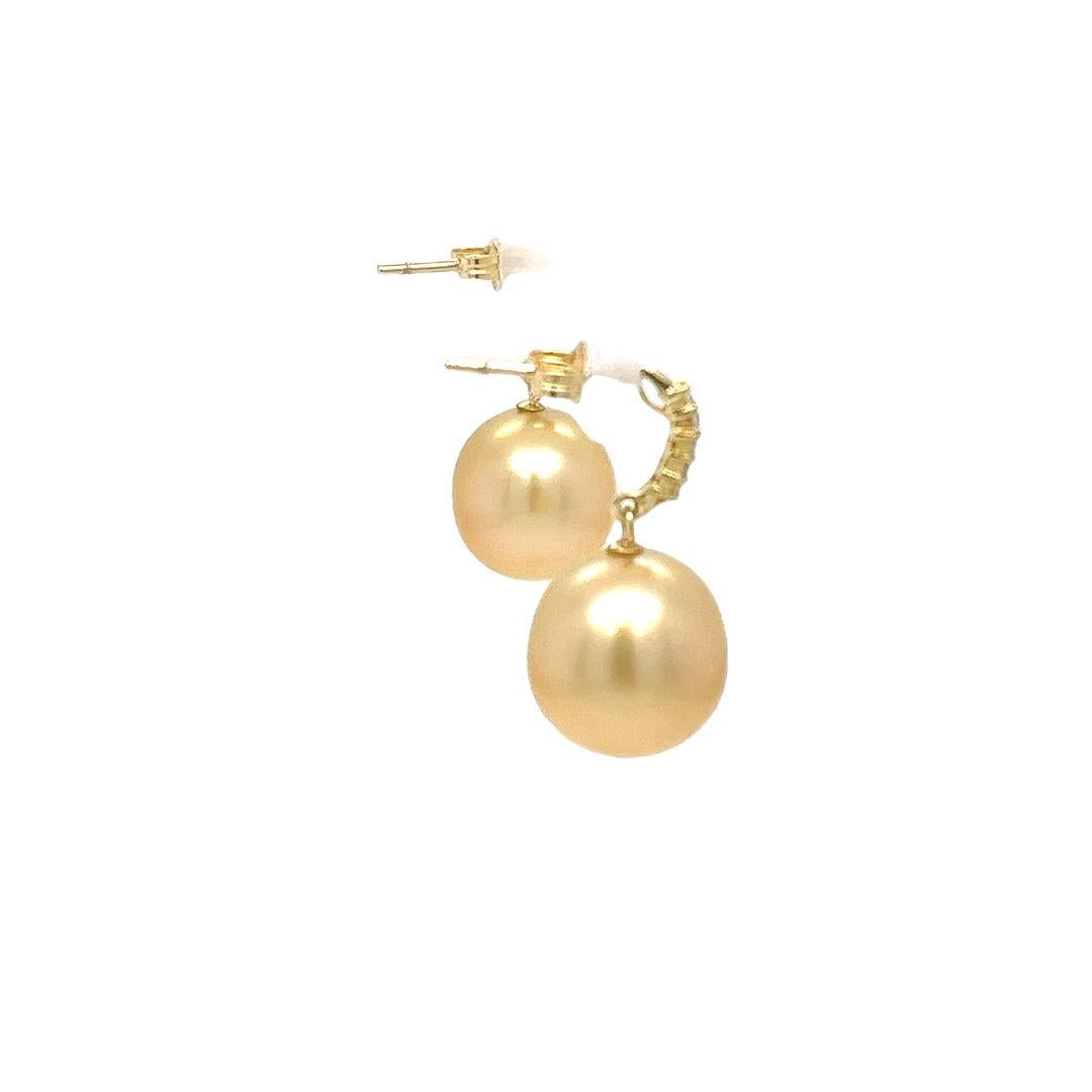 Women's Golden South Sea Pearl and Diamond Drop Earrings in Yellow Gold For Sale