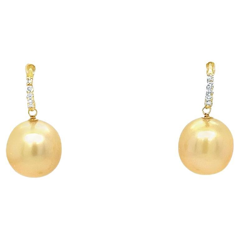 Golden South Sea Pearl and Diamond Drop Earrings in Yellow Gold For Sale