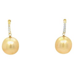 Golden South Sea Pearl and Diamond Drop Earrings in Yellow Gold