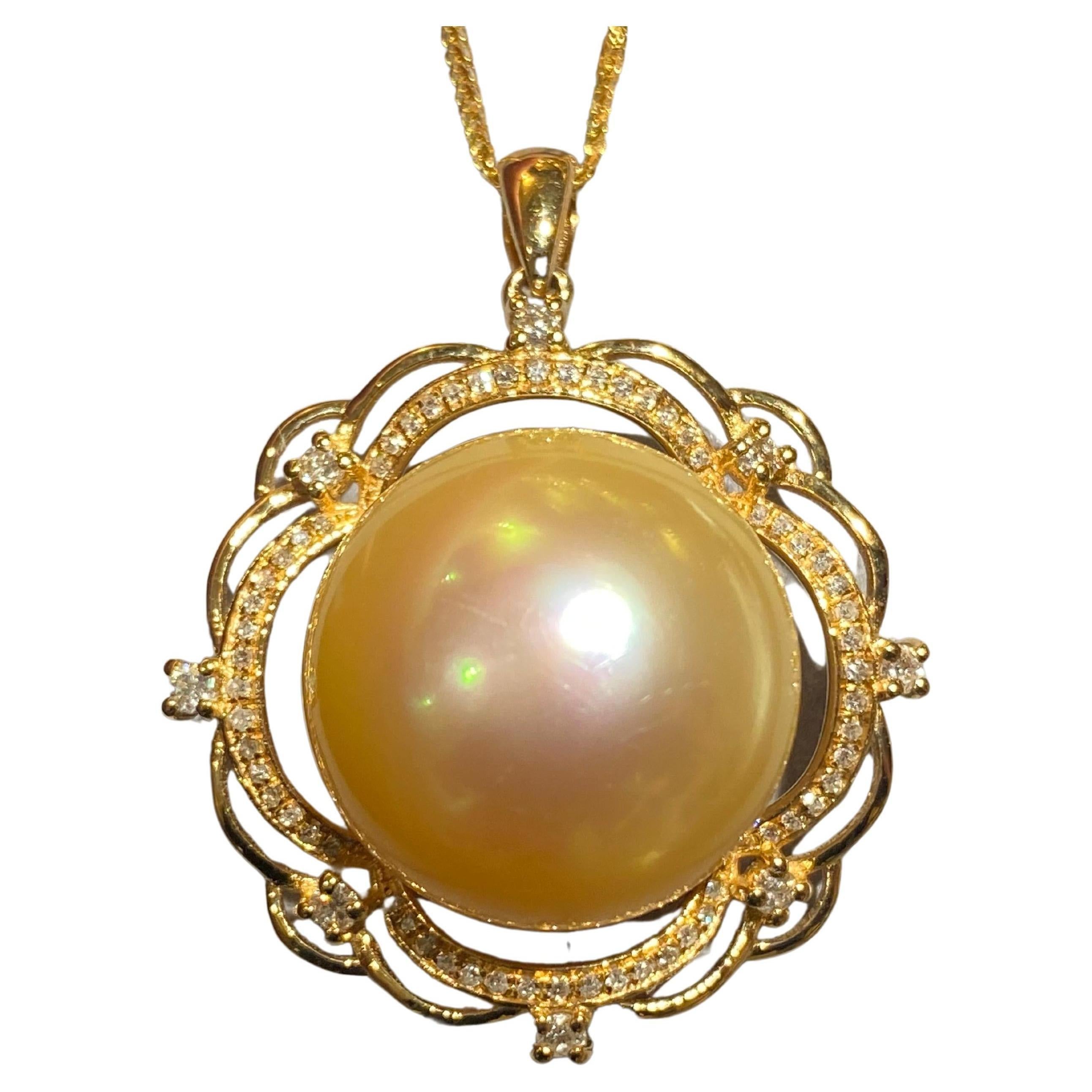 Golden South Sea Pearl and Diamond Pendant in 18K Yellow Gold For Sale