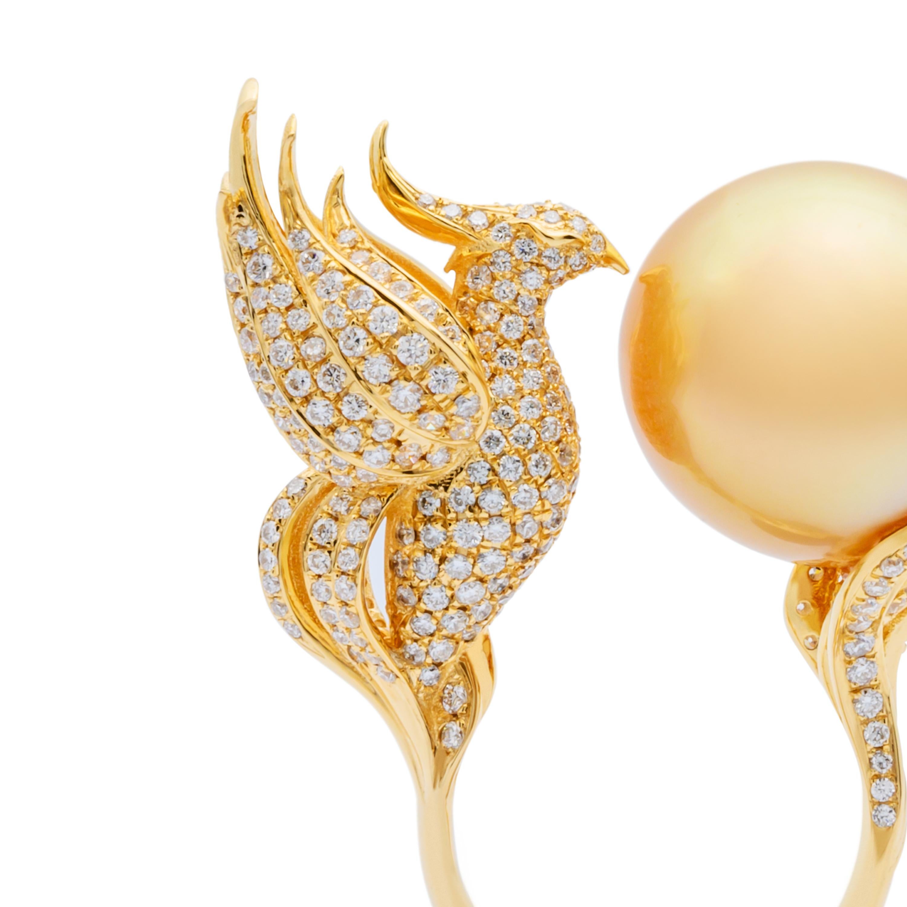 Collection: The Gem Made Me Do It

Title:  “The Golden Phoenix” Ring

Award Winning Design: 1st Prize, Creative Category, International Jewellery Stars 2019

This blemish free Golden South Sea Pearl wanted to dance with a Phoenix – a bird of power