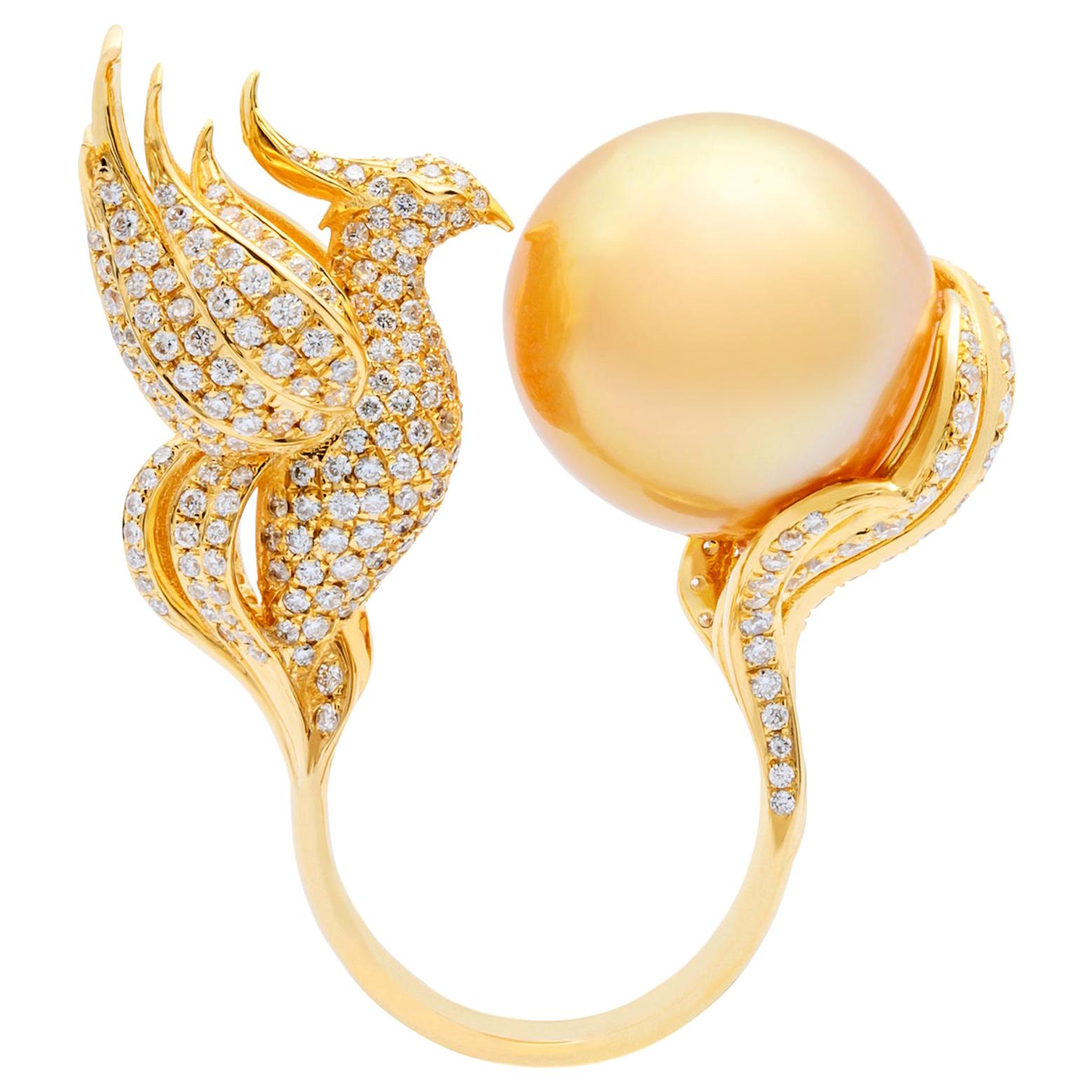 An Order of Bling Golden South Sea Pearl & Diamond Phoenix Ring For Sale