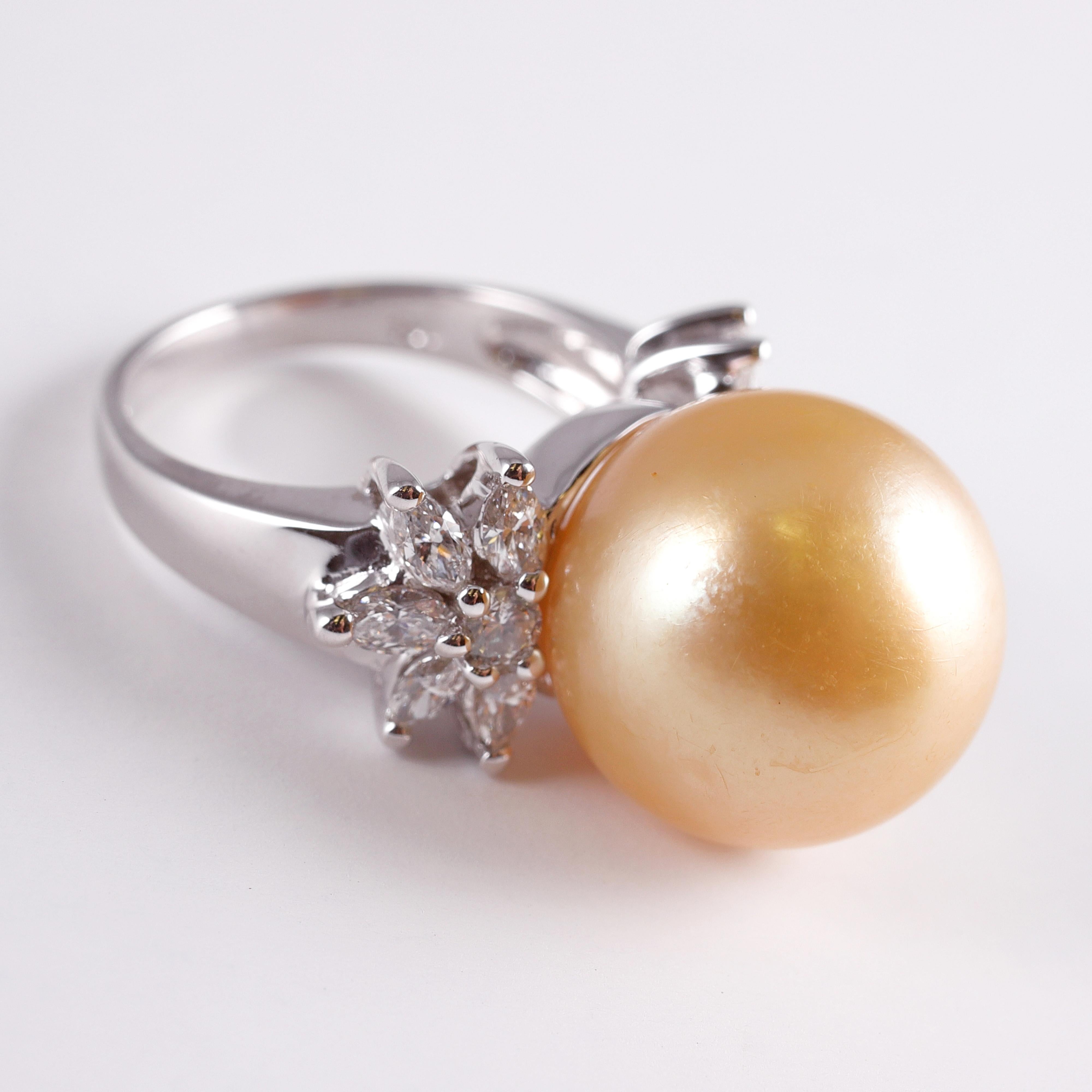 Round Cut Golden South Sea Pearl and Diamond Ring