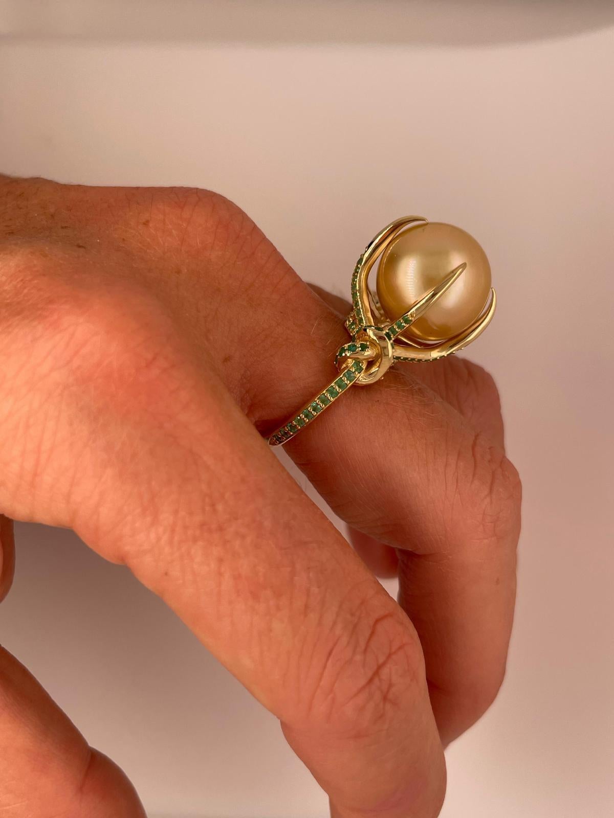 For Sale:  Golden South Sea Pearl and Emerald ring in 18ct yellow gold 11