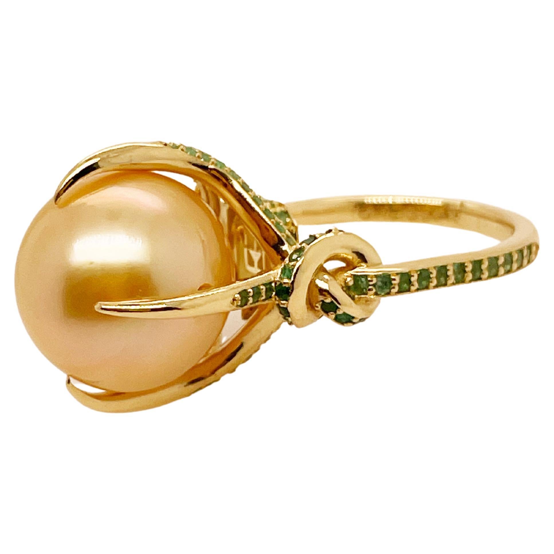Golden South Sea Pearl and Emerald ring in 18ct yellow gold