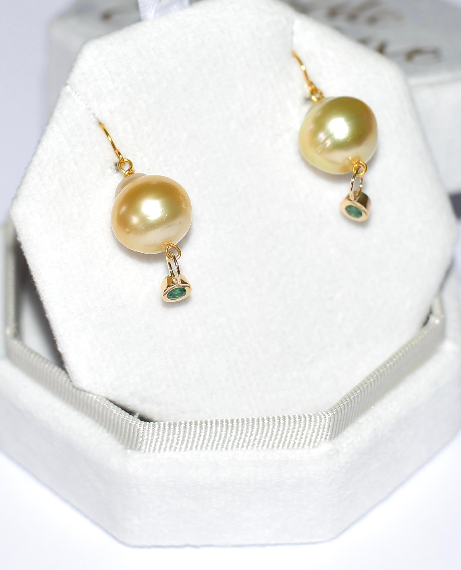 Round Cut Golden South Sea Pearl and Natural Emerald Earrings in 18K Solid Yellow Gold