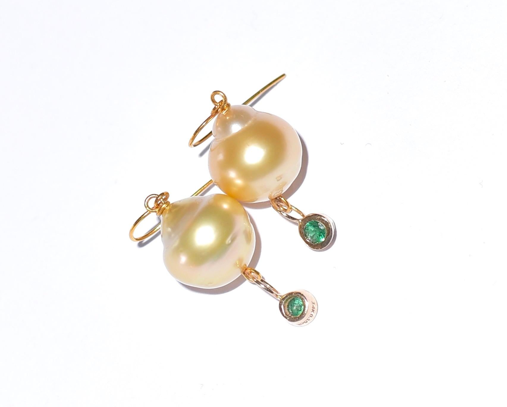Artisan Golden South Sea Pearl and Natural Emerald Earrings in 18K Solid Yellow Gold