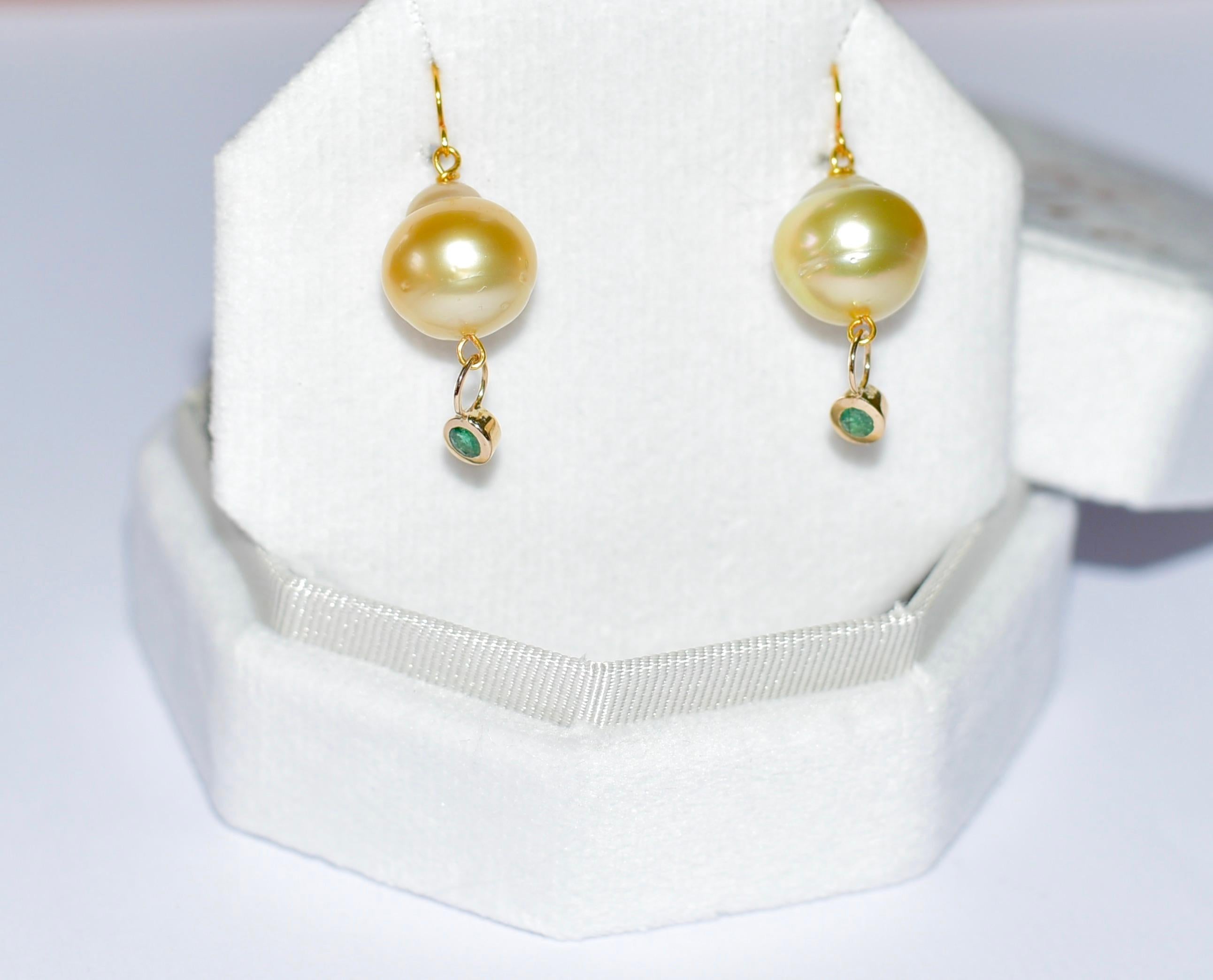 Women's Golden South Sea Pearl and Natural Emerald Earrings in 18K Solid Yellow Gold
