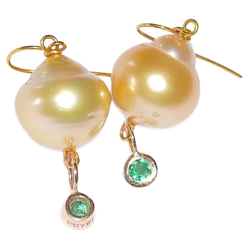 Golden South Sea Pearl and Natural Emerald Earrings in 18K Solid Yellow Gold