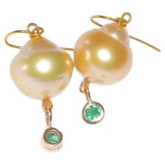 Golden South Sea Pearl and Natural Emerald Earrings in 18K Solid Yellow Gold