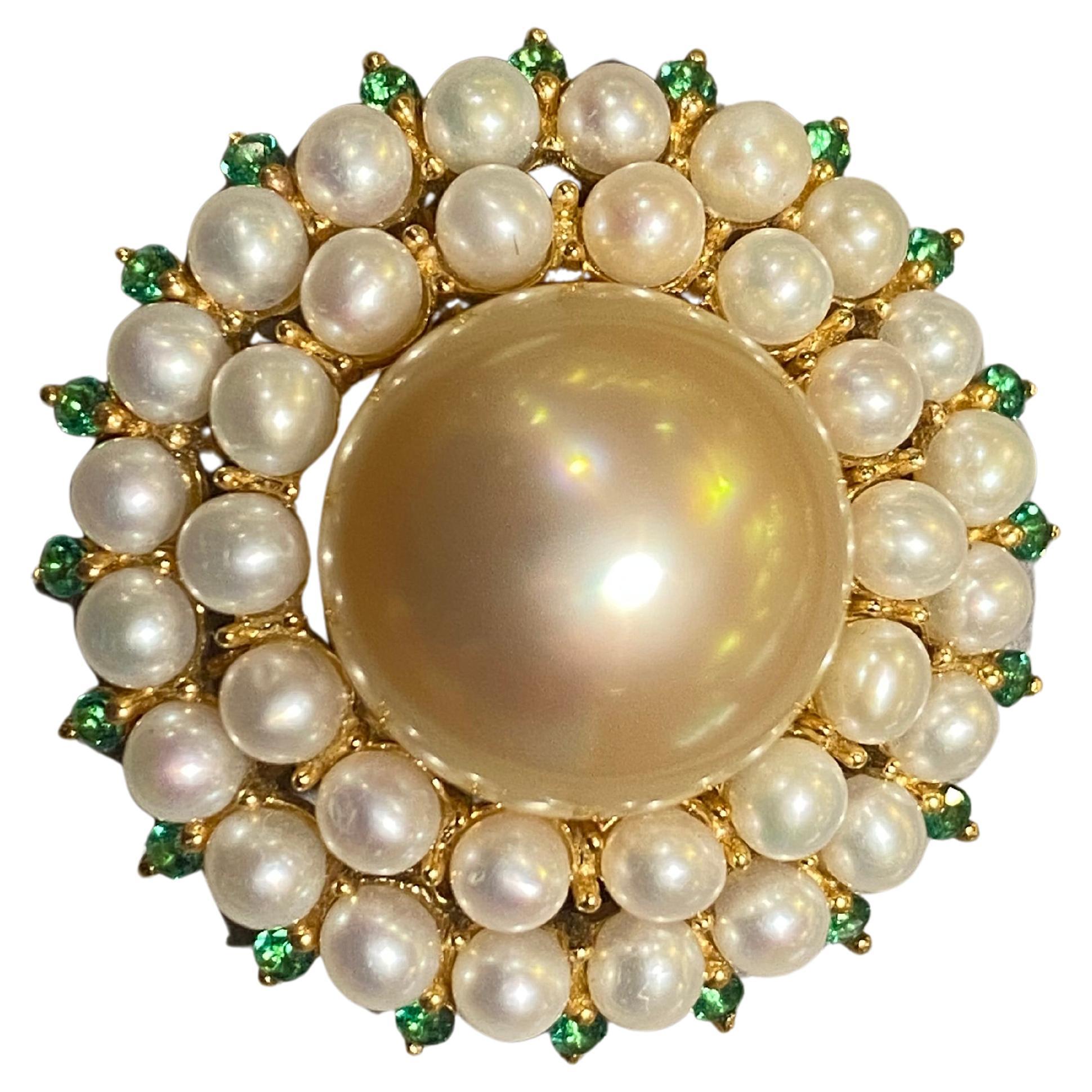 Golden South Sea Pearl and Seed Pearls Ring in 18k Yellow Gold