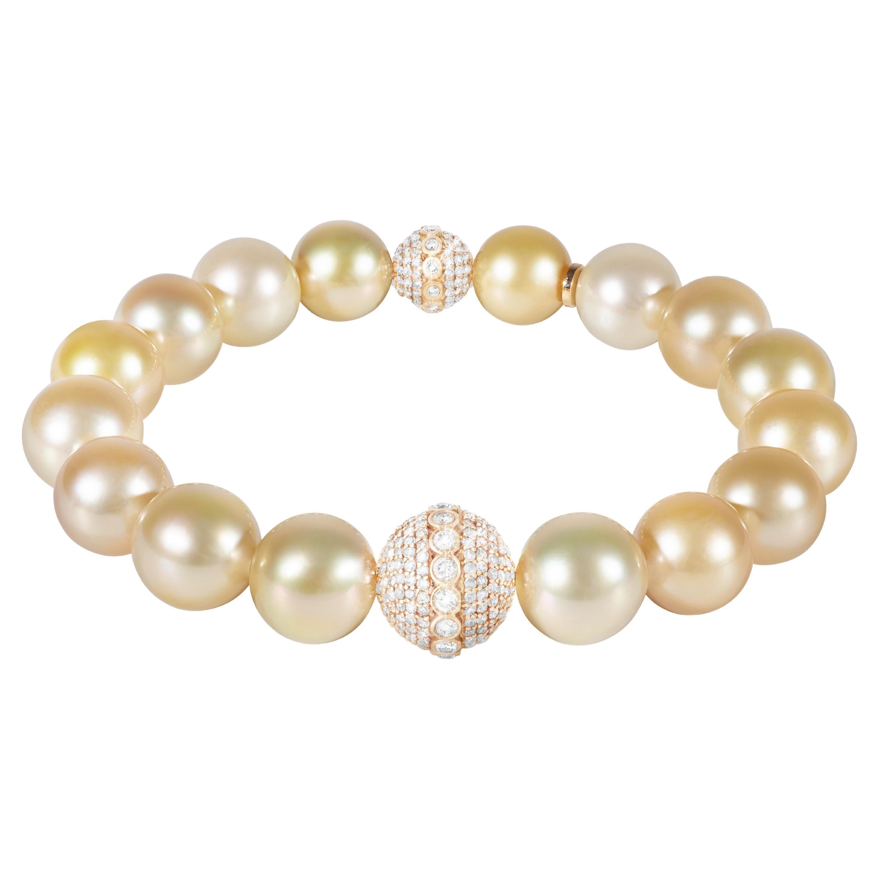 Golden South Sea Pearl Bracelet with 18k Yellow Gold Diamond Encrusted Orbs