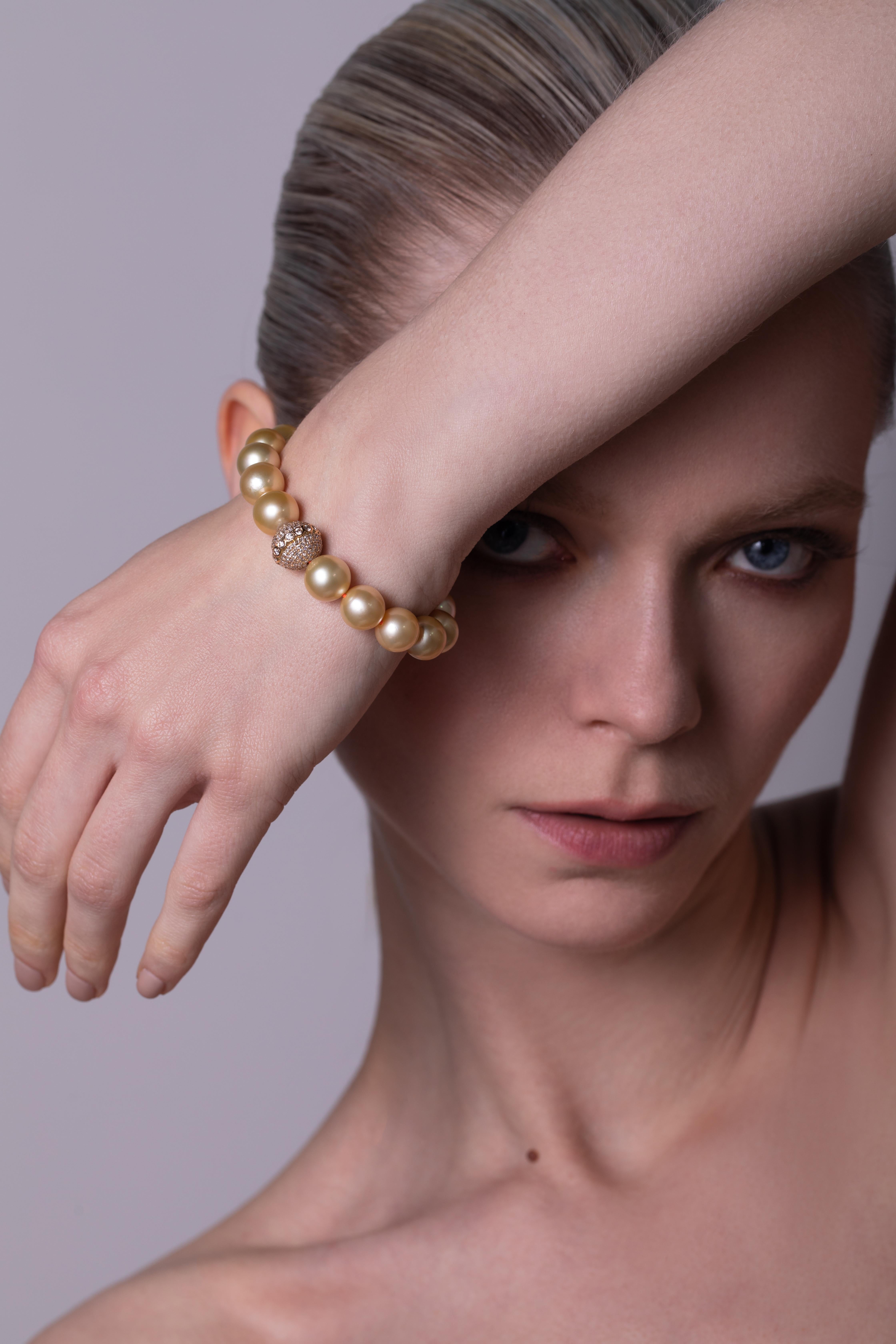 Contemporary Golden South Sea Pearl Bracelet with Two 18k Yellow Gold Diamond Encrusted Orbs