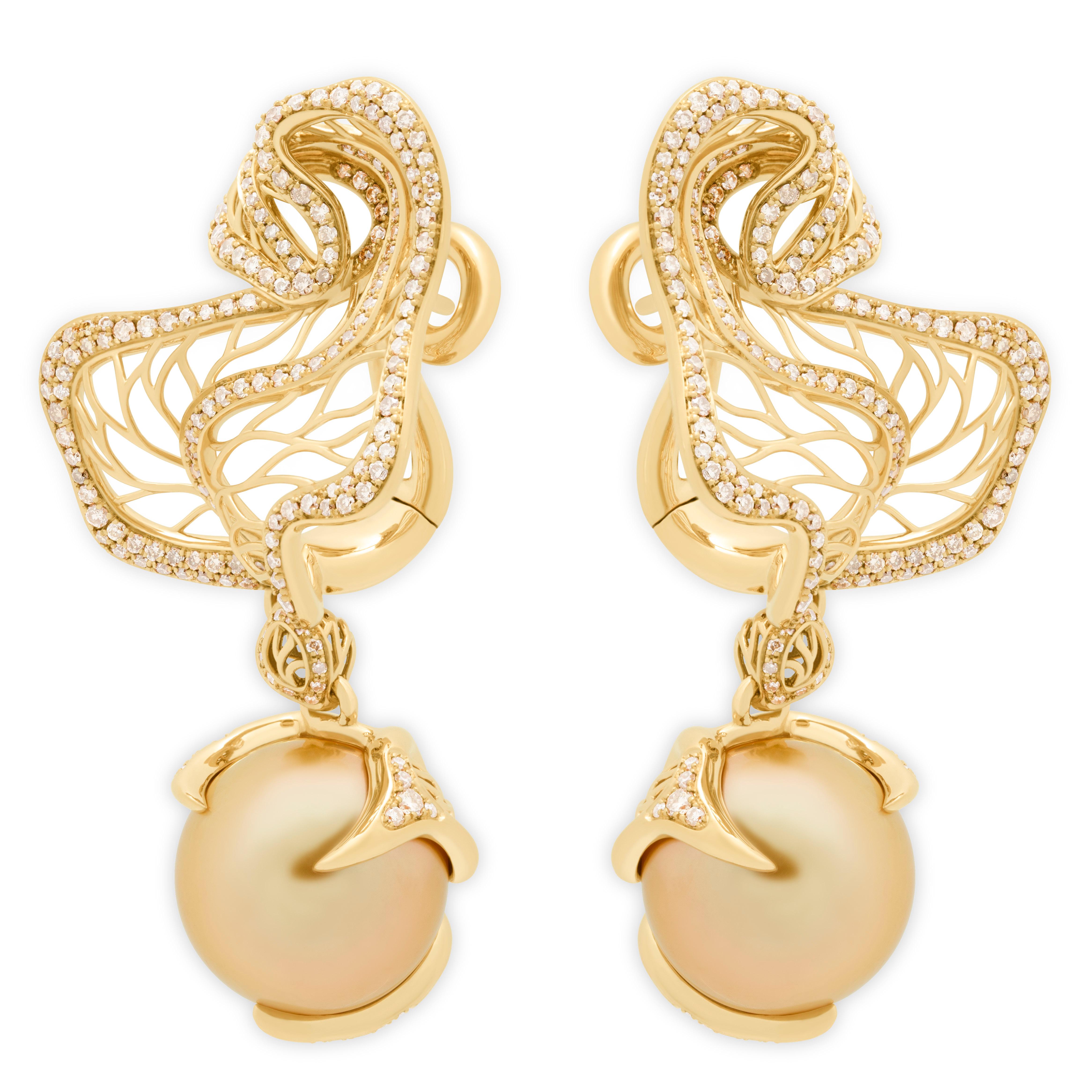 Golden South Sea Pearl Brown Diamond 18 Karat Yellow Gold Winter Cherry Earrings For Sale