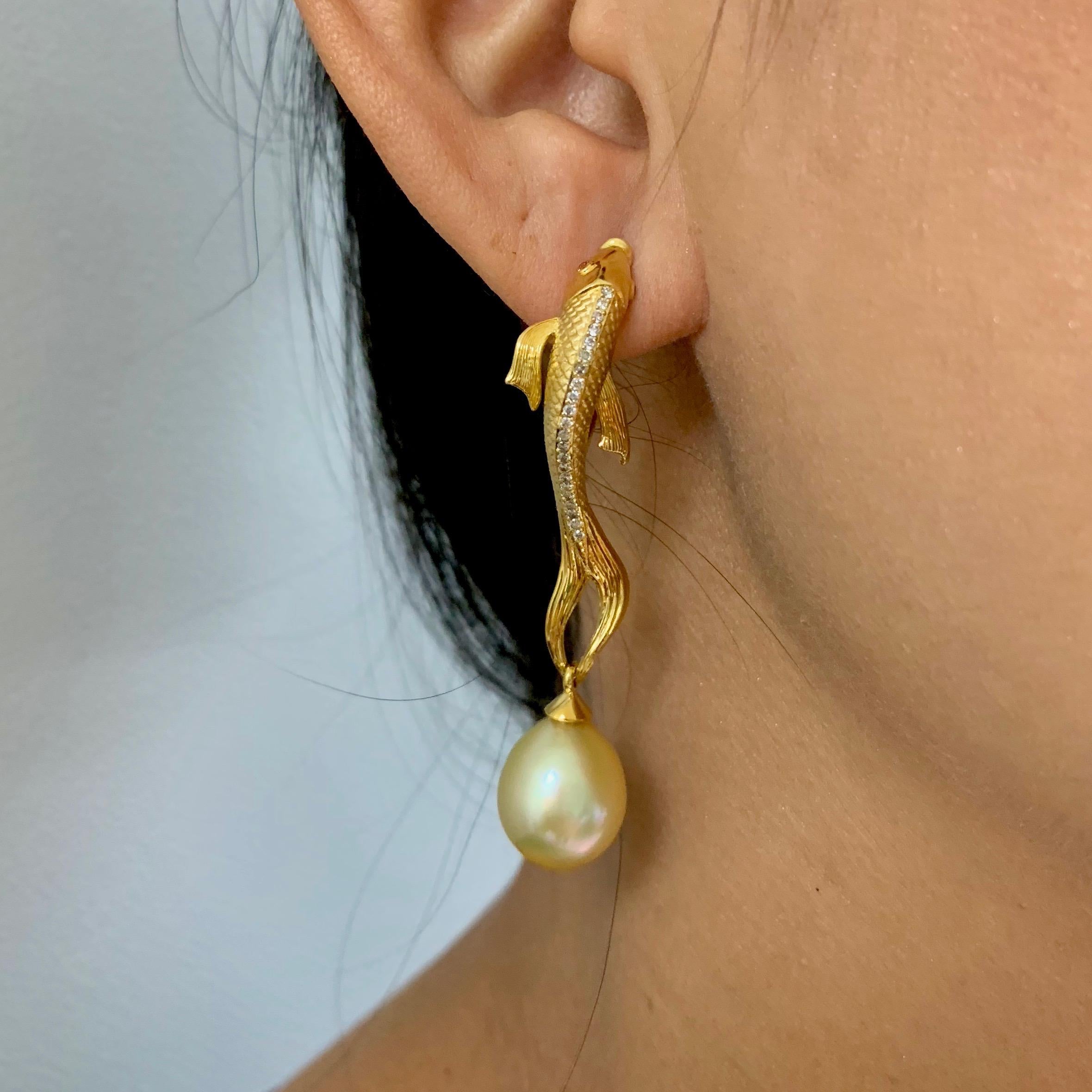 Contemporary Golden South Sea Pearl Brown Diamonds Fish Earrings For Sale