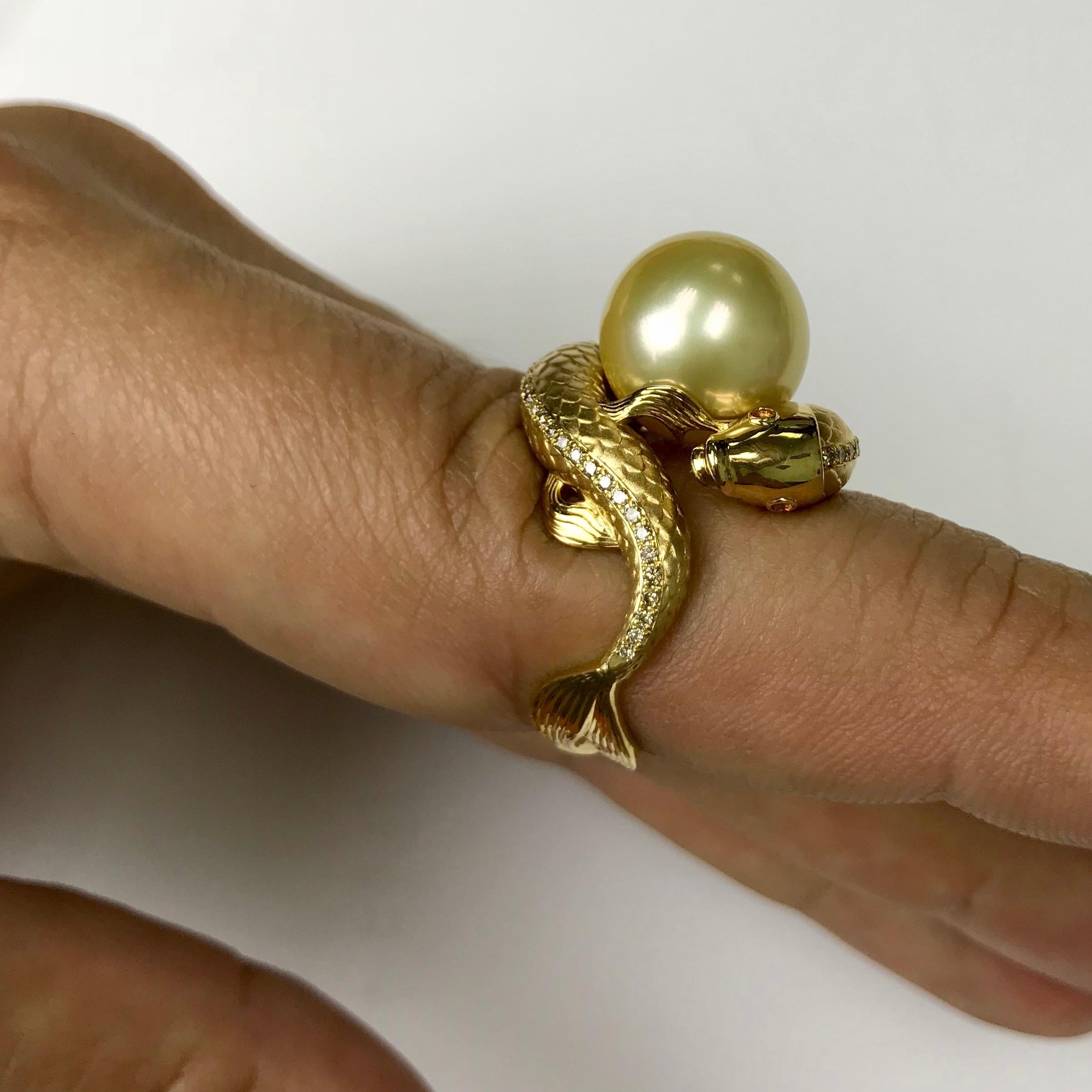 Golden South Sea Pearl Brown Diamonds Two Fish Ring For Sale 1