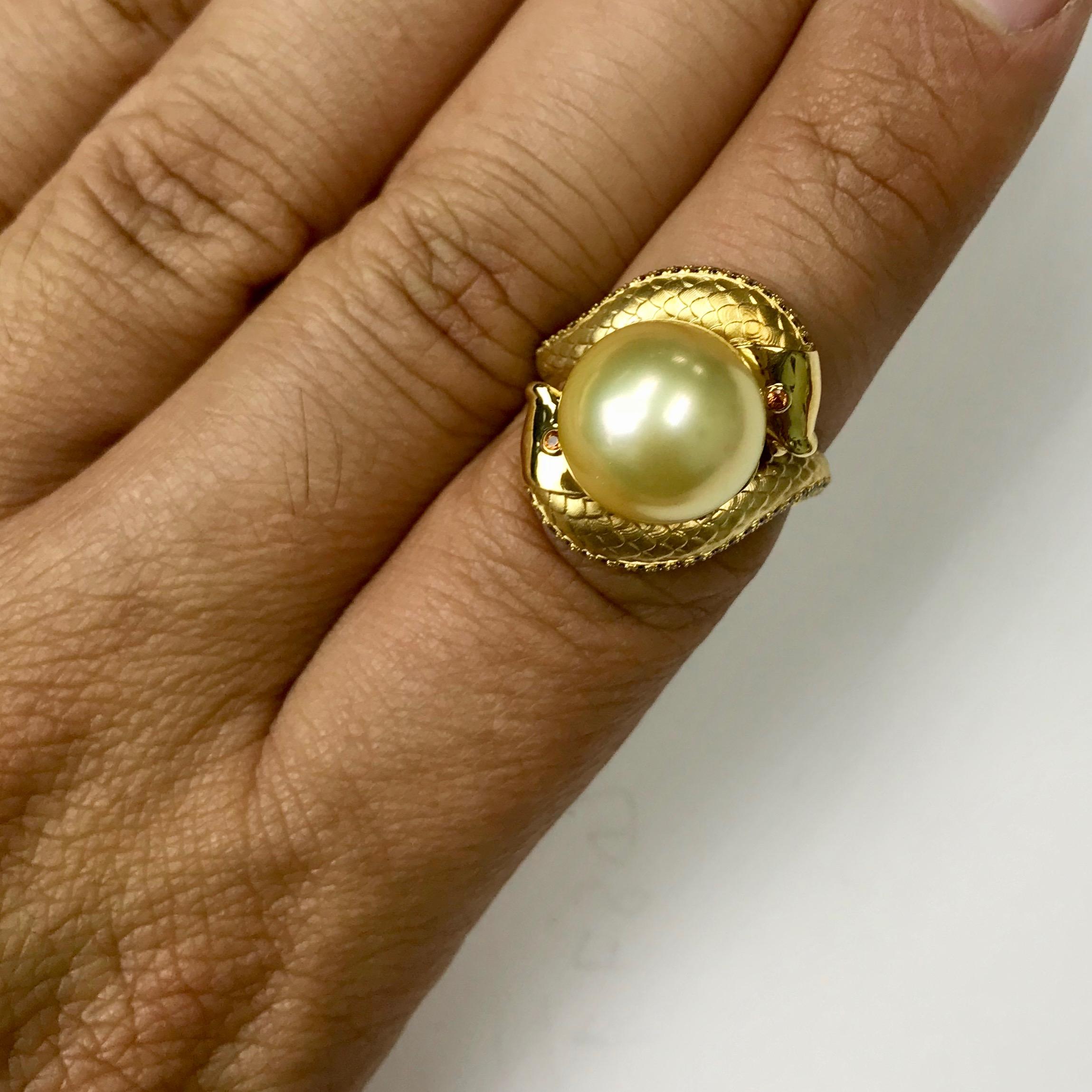 Women's Golden South Sea Pearl Brown Diamonds Two Fish Ring For Sale