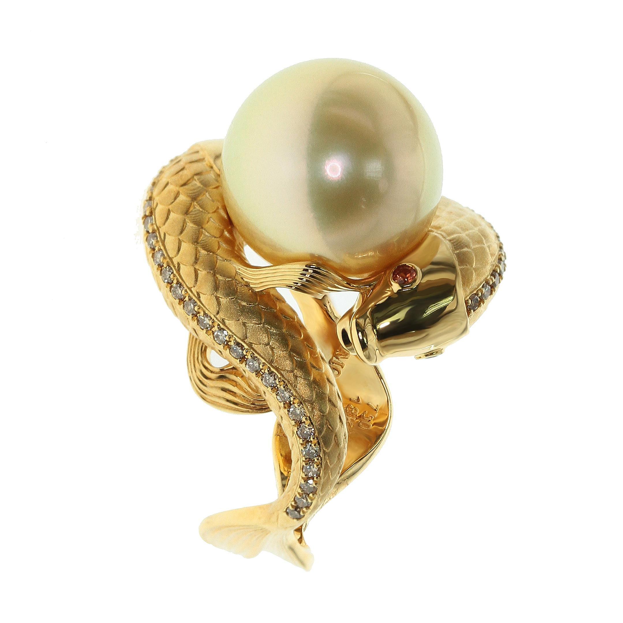 Golden South Sea Pearl Brown Diamonds Two Fish Ring For Sale