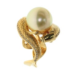 Golden South Sea Pearl Brown Diamonds Two Fish Ring