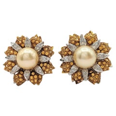 Golden South Sea Pearl, Citrine, and White Diamond Flower Earrings in 18k