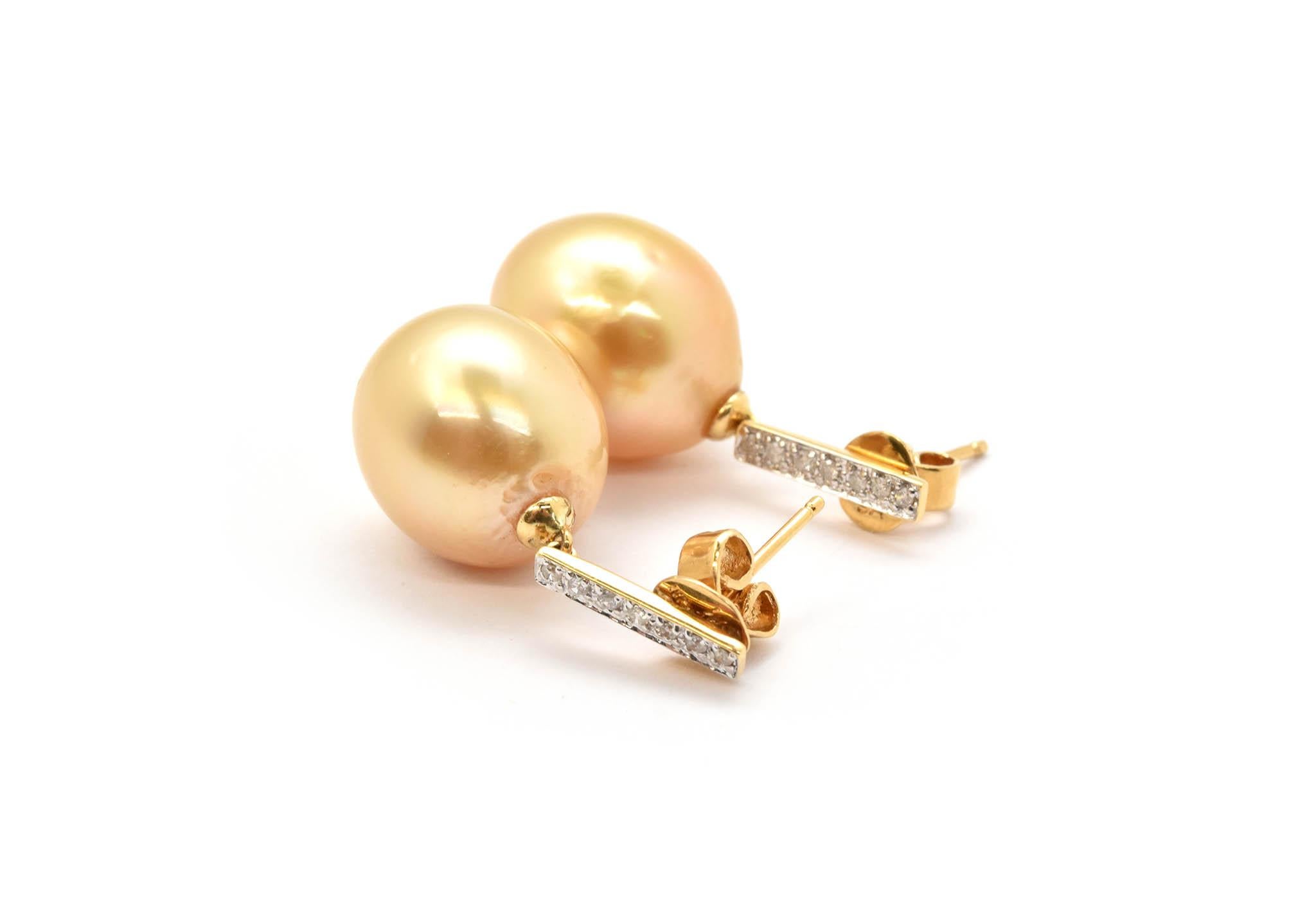 Women's or Men's Golden South Sea Pearl Dangle Earrings 18k Yellow Gold with 0.14cttw Diamond Acc