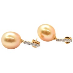 Golden South Sea Pearl Dangle Earrings 18k Yellow Gold with 0.14cttw Diamond Acc