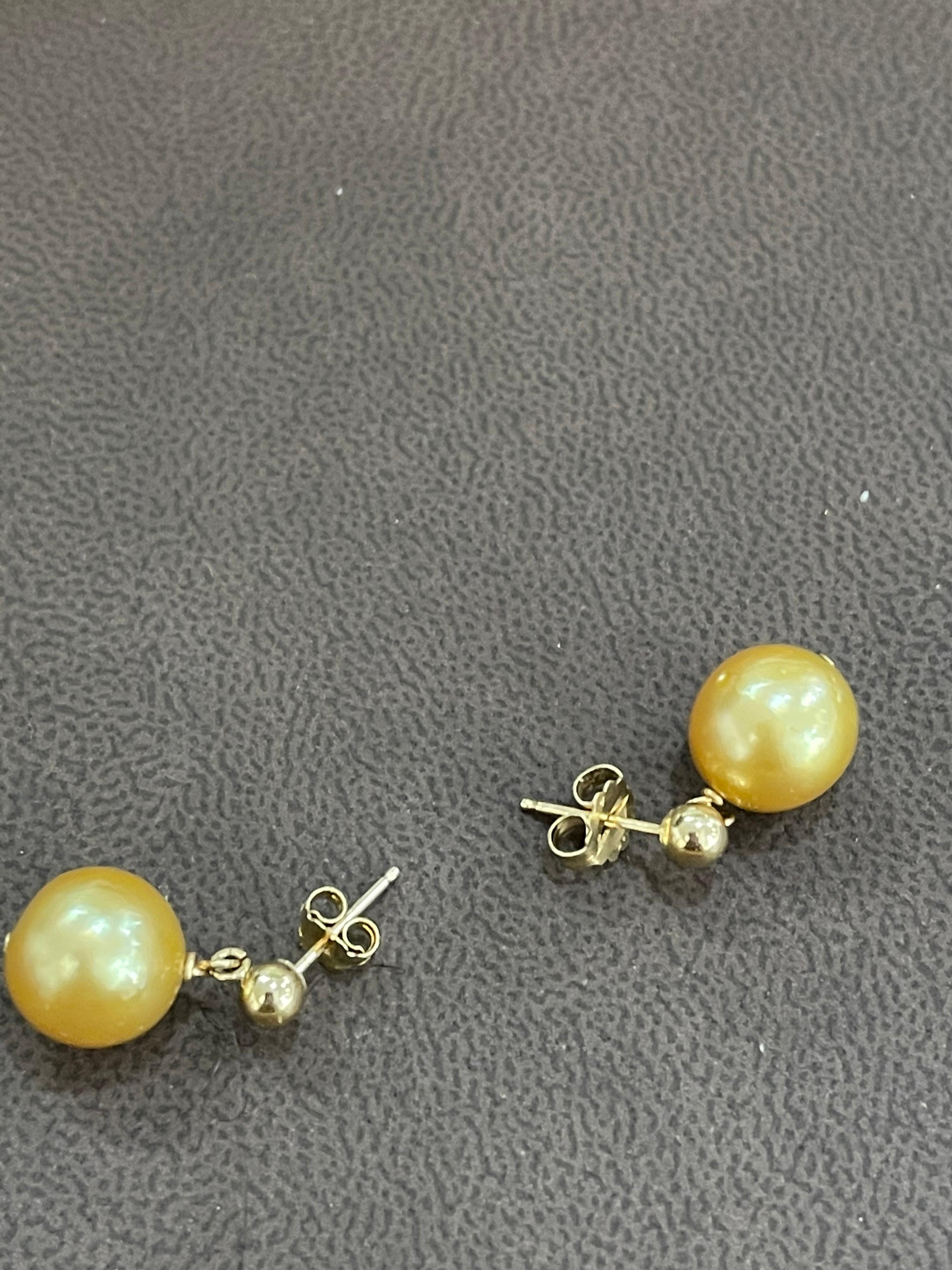Round Cut Golden South Sea Pearl Dangling Earrings 14 Karat Yellow Gold For Sale