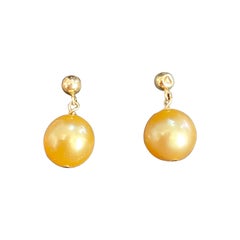 Golden South Sea Pearl Dangling Earrings 14 Karat Yellow Gold