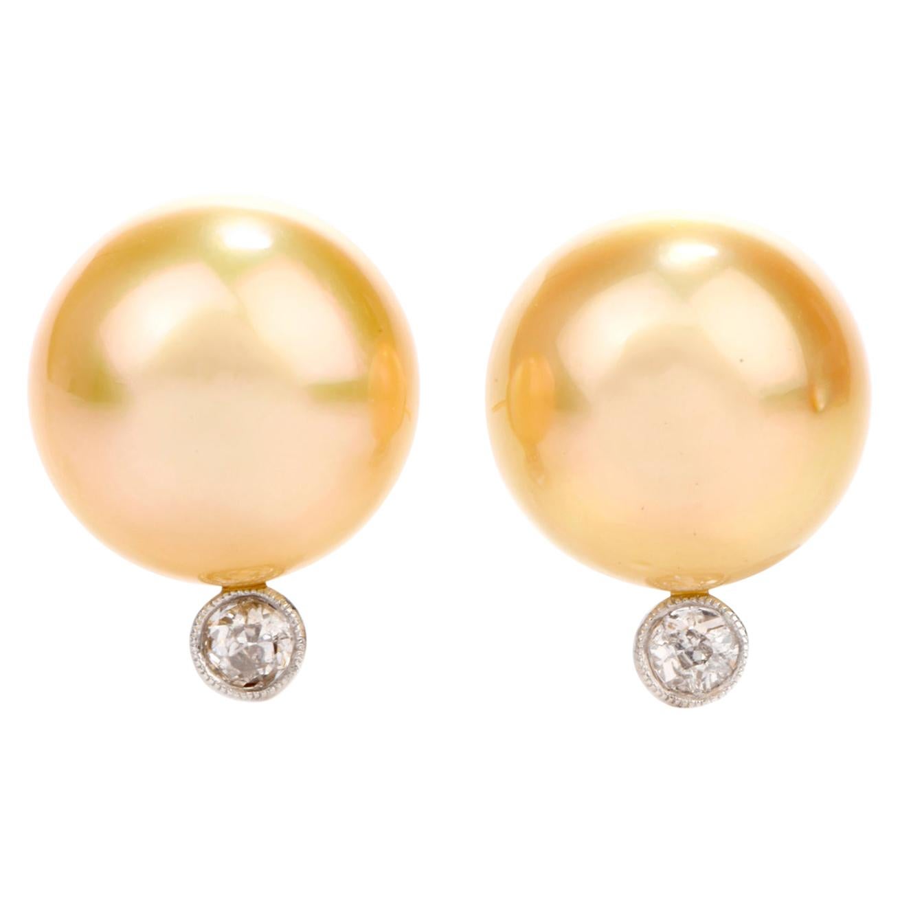 Golden South Sea Pearl Diamond 18 Karat Gold Stud Earrings