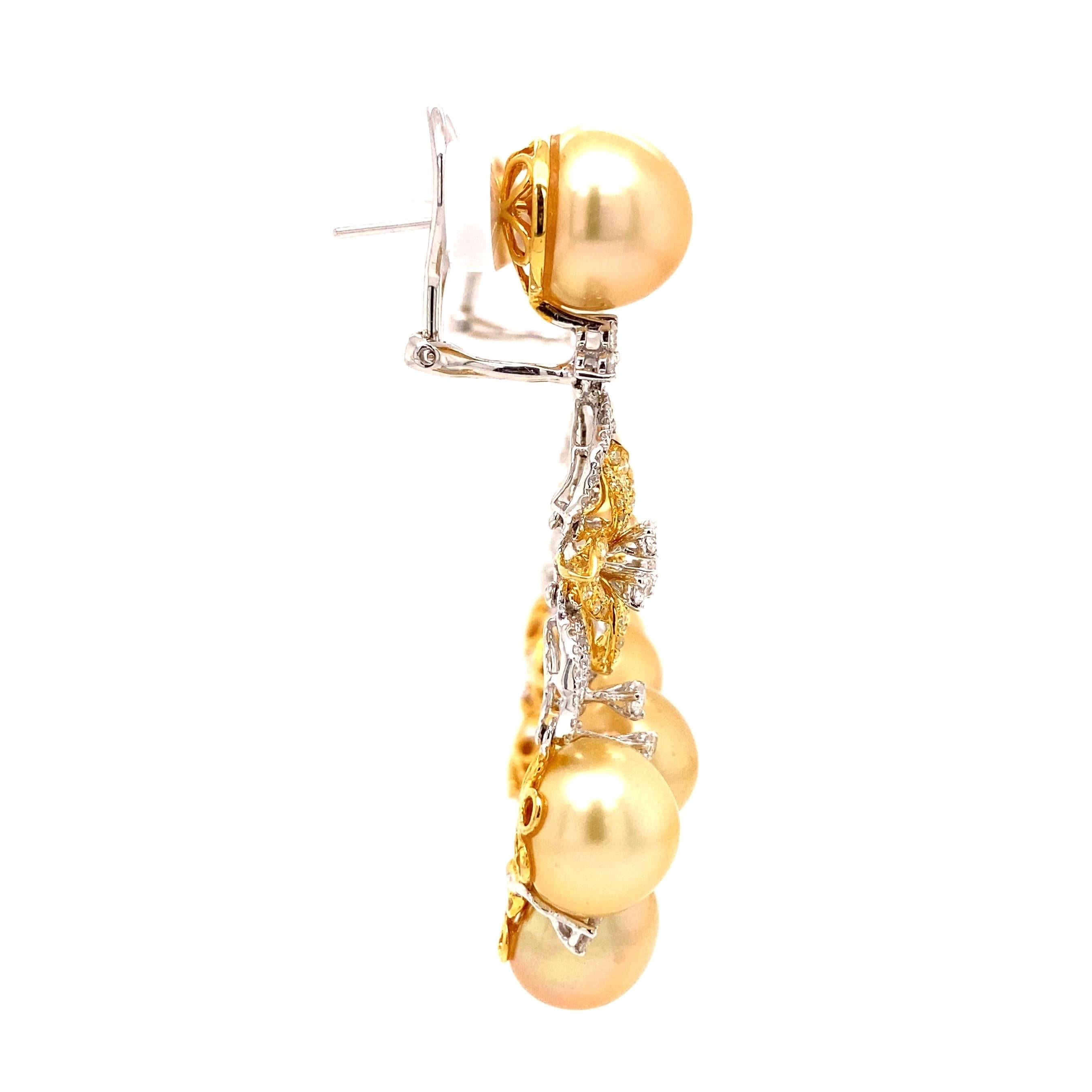 Modern Golden South Sea Pearl Diamond 2-Tone Gold Drop Earrings Estate Fine Jewelry