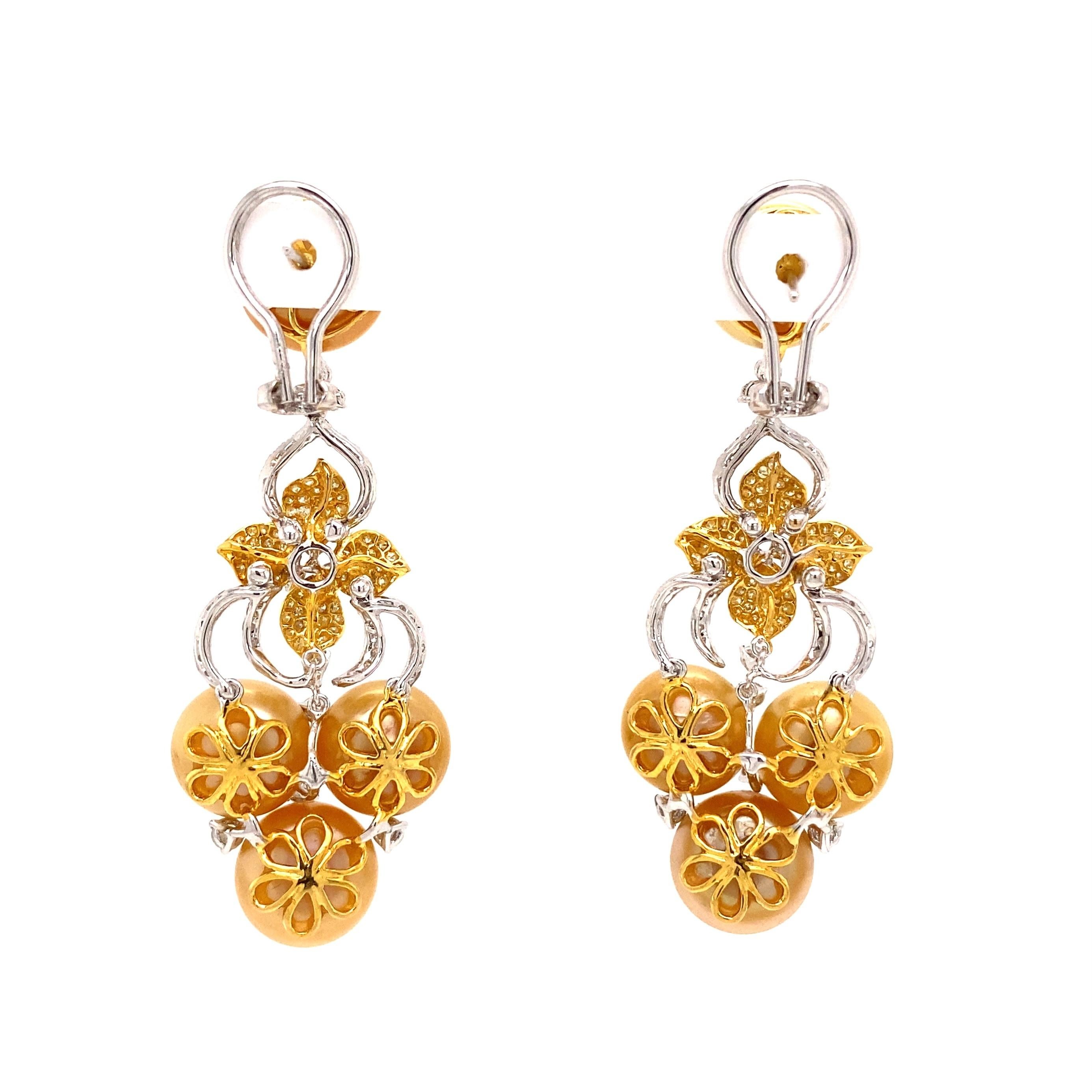 Round Cut Golden South Sea Pearl Diamond 2-Tone Gold Drop Earrings Estate Fine Jewelry