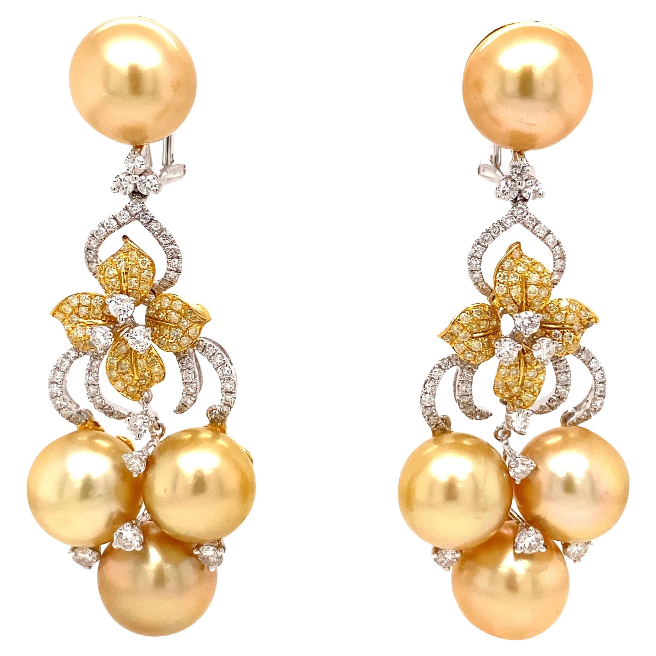 Golden South Sea Pearl Diamond 2-Tone Gold Drop Earrings Estate Fine Jewelry