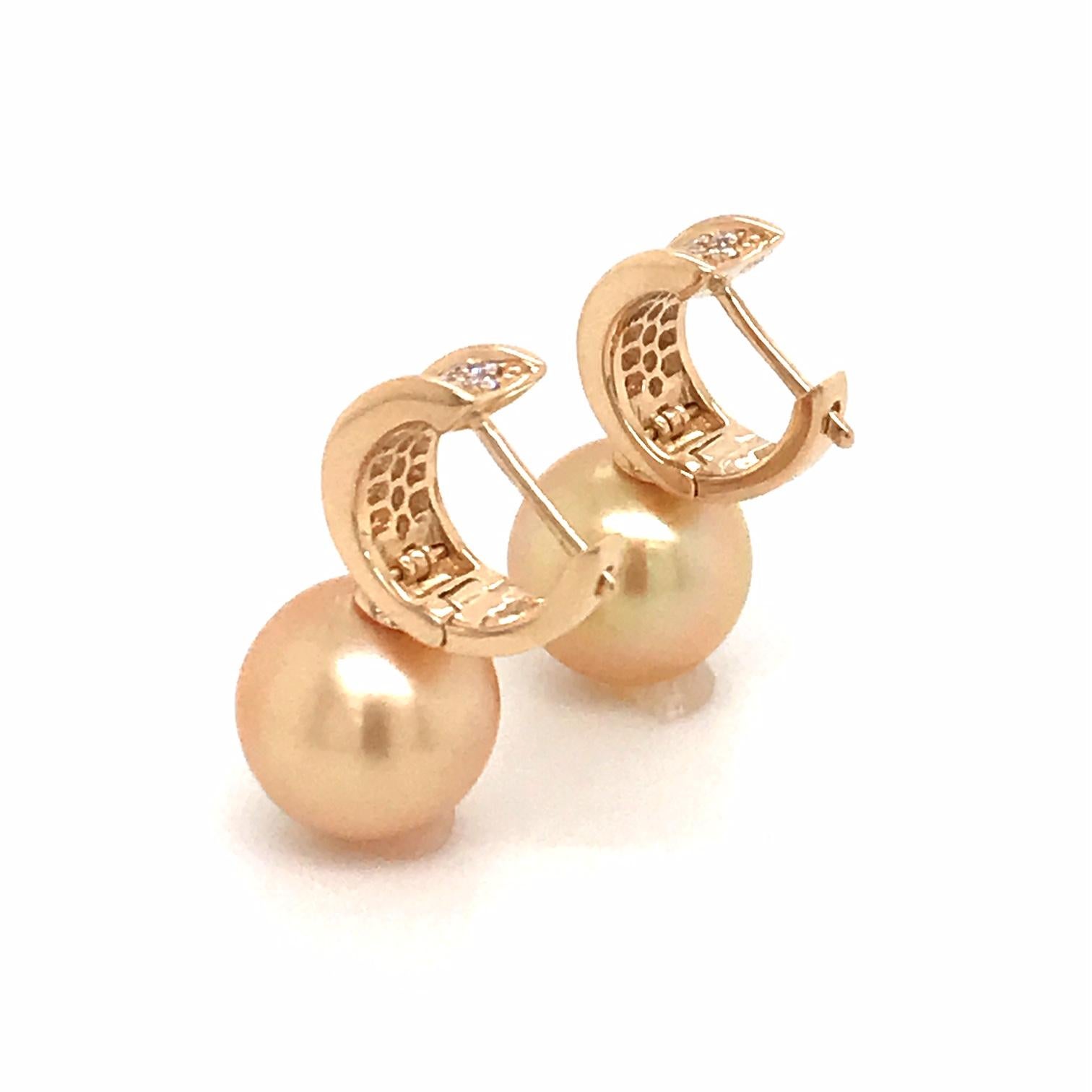 Golden South Sea Pearl Diamond Bar Drop Earrings 0.43 Carat 18 Karat Yellow Gold For Sale 5