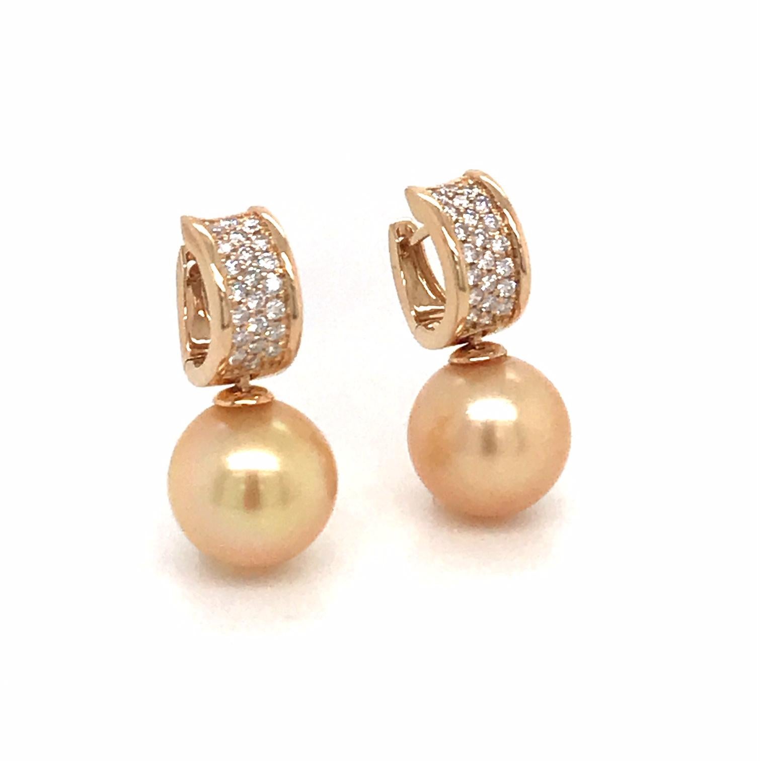Contemporary Golden South Sea Pearl Diamond Bar Drop Earrings 0.43 Carat 18 Karat Yellow Gold For Sale
