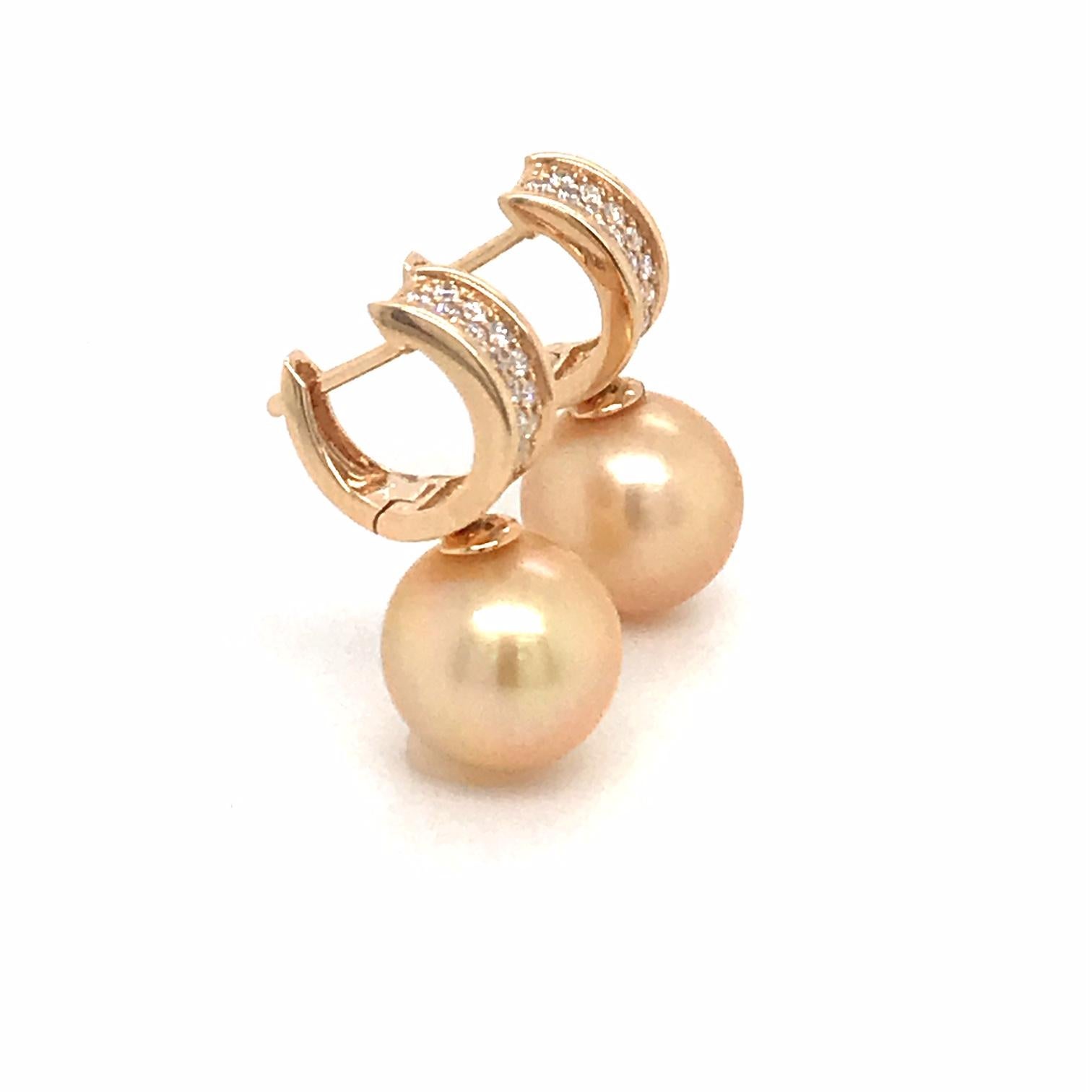 Women's Golden South Sea Pearl Diamond Bar Drop Earrings 0.43 Carat 18 Karat Yellow Gold For Sale